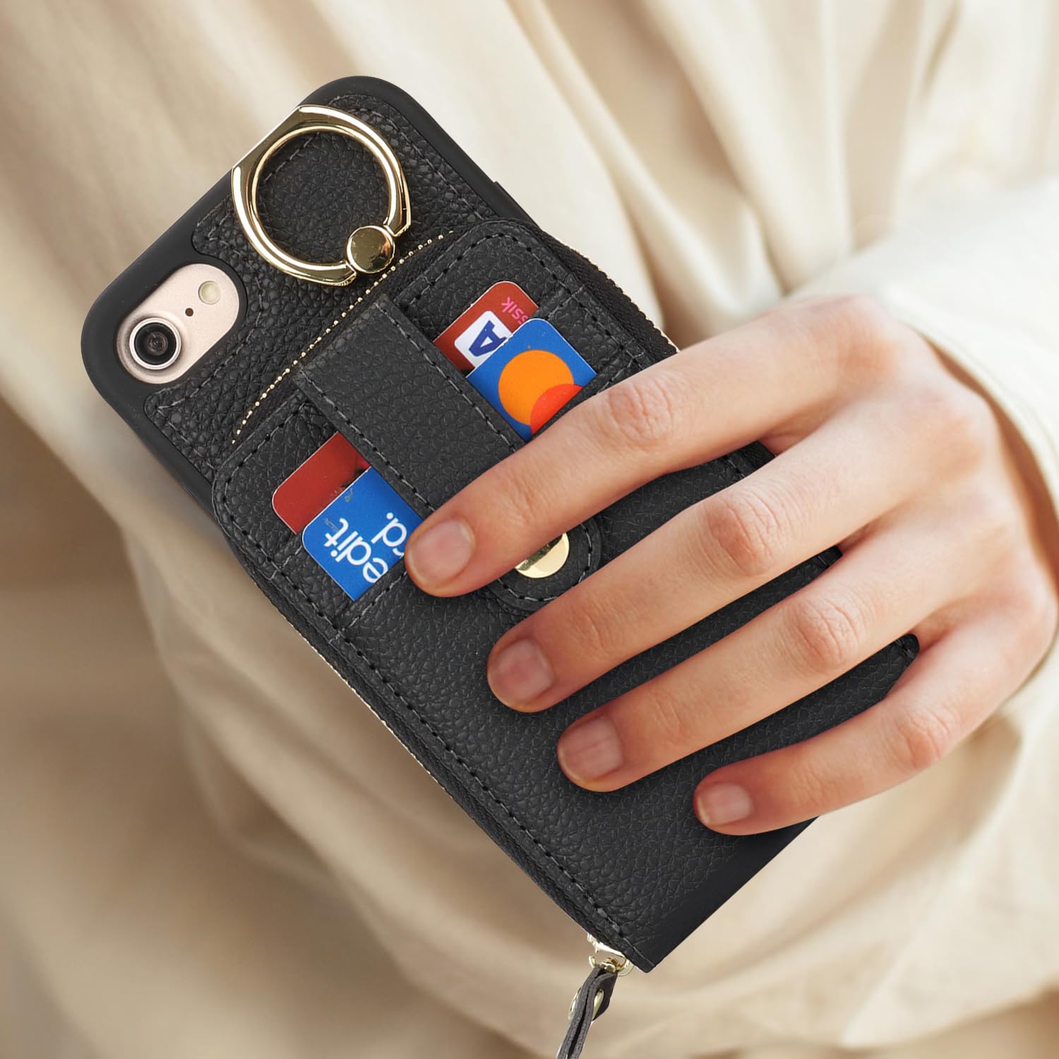 SailorTech Custodia per telefono per iPhone 7/8/SE2/SE3 Supporto ad anello con cerniera per carta di credito, iPhone SE 2020/SE 2022 Custodia in pelle Portafoglio con portacarte per donne-Nero