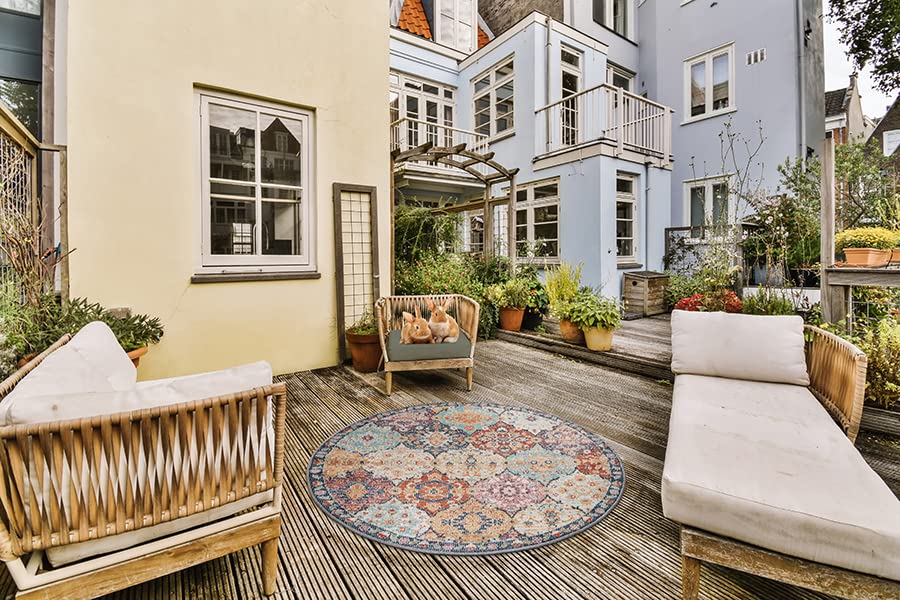 the carpet Palma - Outdoor Teppich wetterfest – Balkon Teppich, Terrasse & Garten – UV-beständig, pflegeleicht, Indoor Outdoor Teppich, Mehrfarbig, Bunt, 120 cm Rund