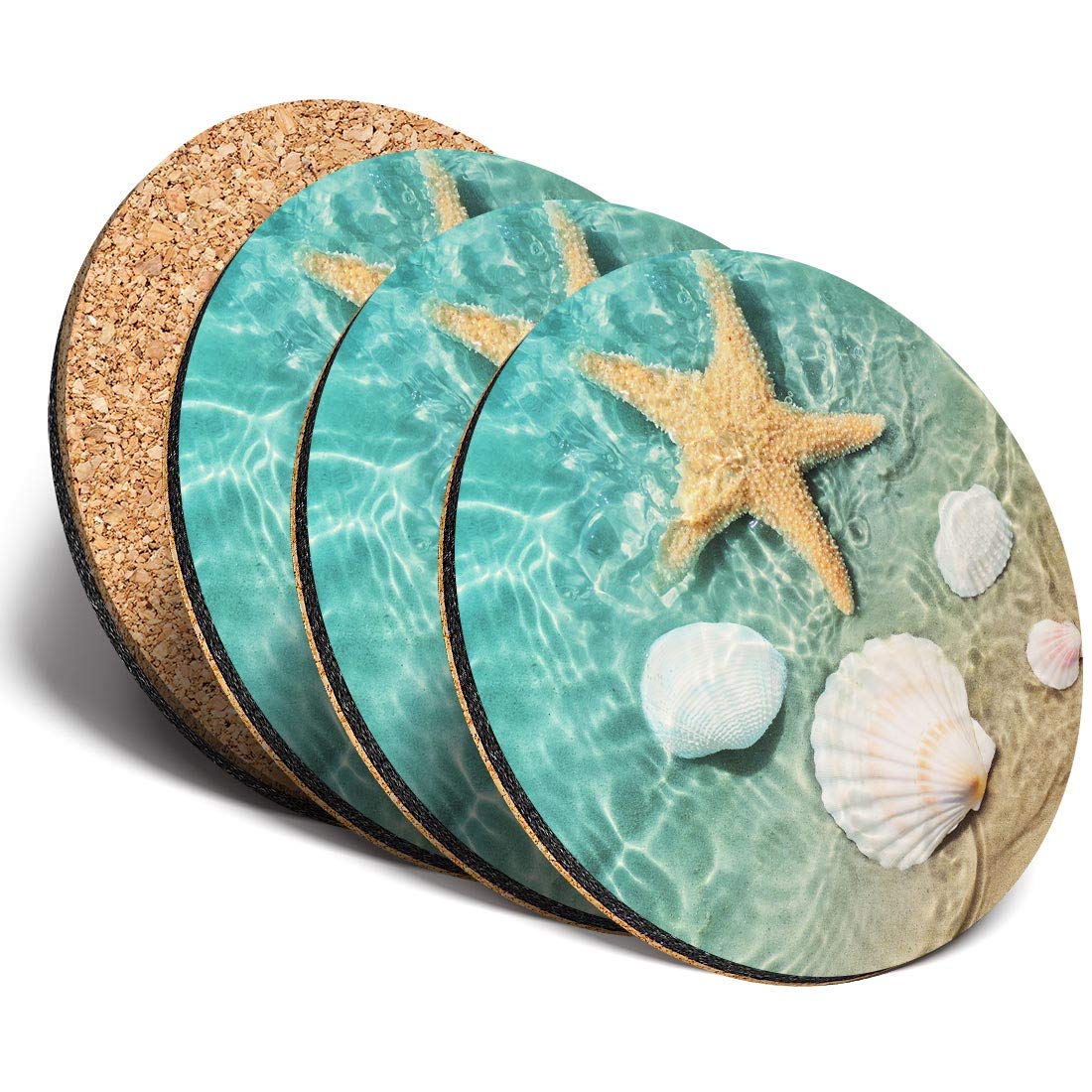 Destination Vinyl Ltd Great Coasters (Set of 4) Round - Seashell Starfish Beach Ocean Shells Drink Glossy Coasters/Tabletop Protection for Any Table Type #16972