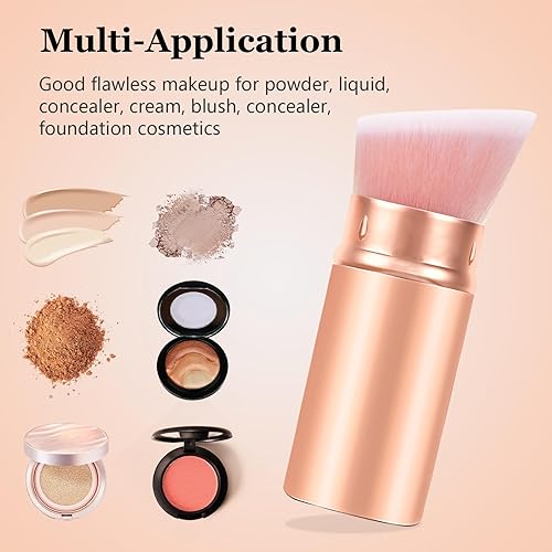 Miniatura 3 de Falliny Brochas retráctiles de maquillaje para base, cepillo de polvo Kabuki en ángulo de viaje, cepillo protector solar para base líquida con tapa,
