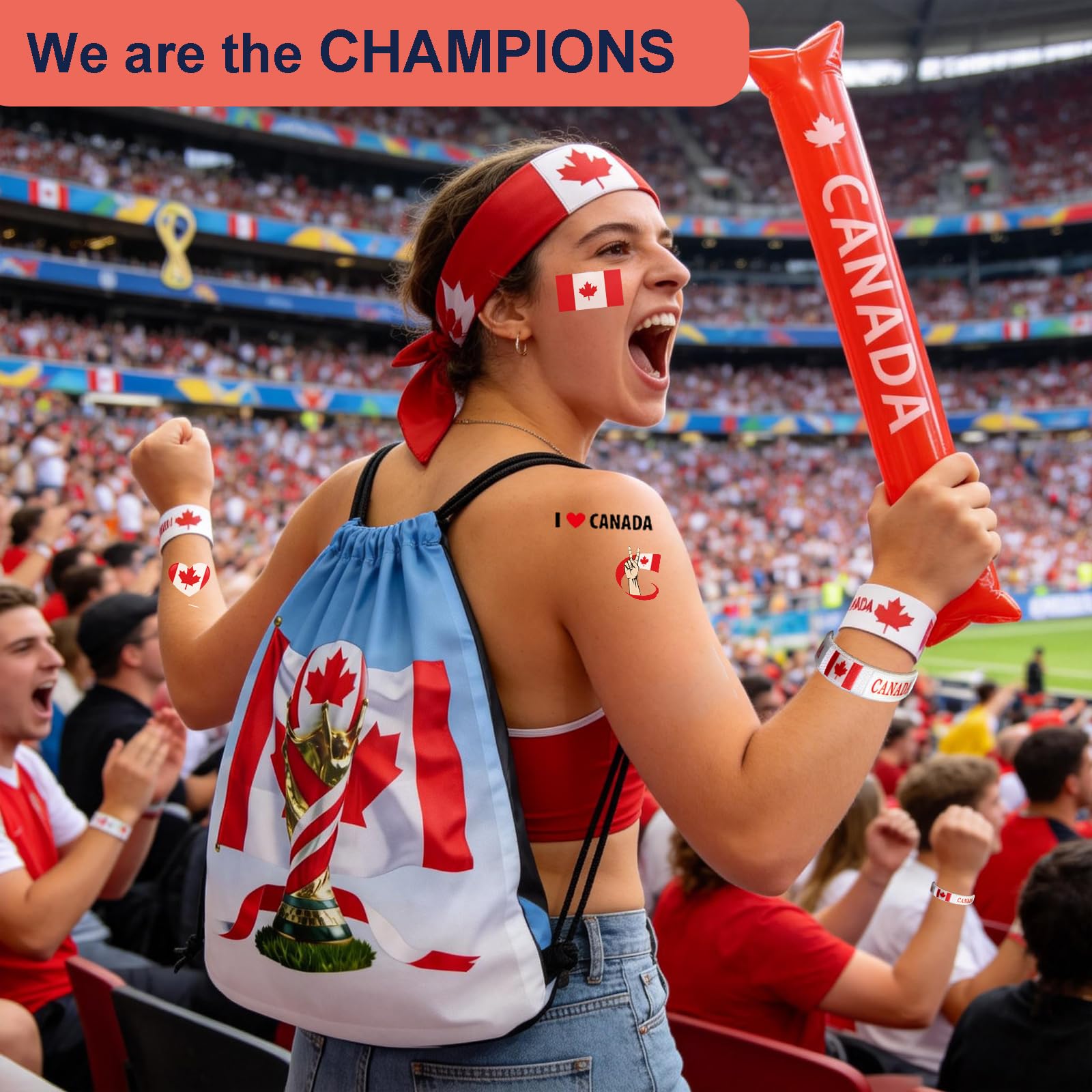 2026 World Cup Canada Soccer Fan Gear Set, 7-Piece Drawstring Backpack Decoration & Storage Set for World Cup & Patriotic Holidays - 3