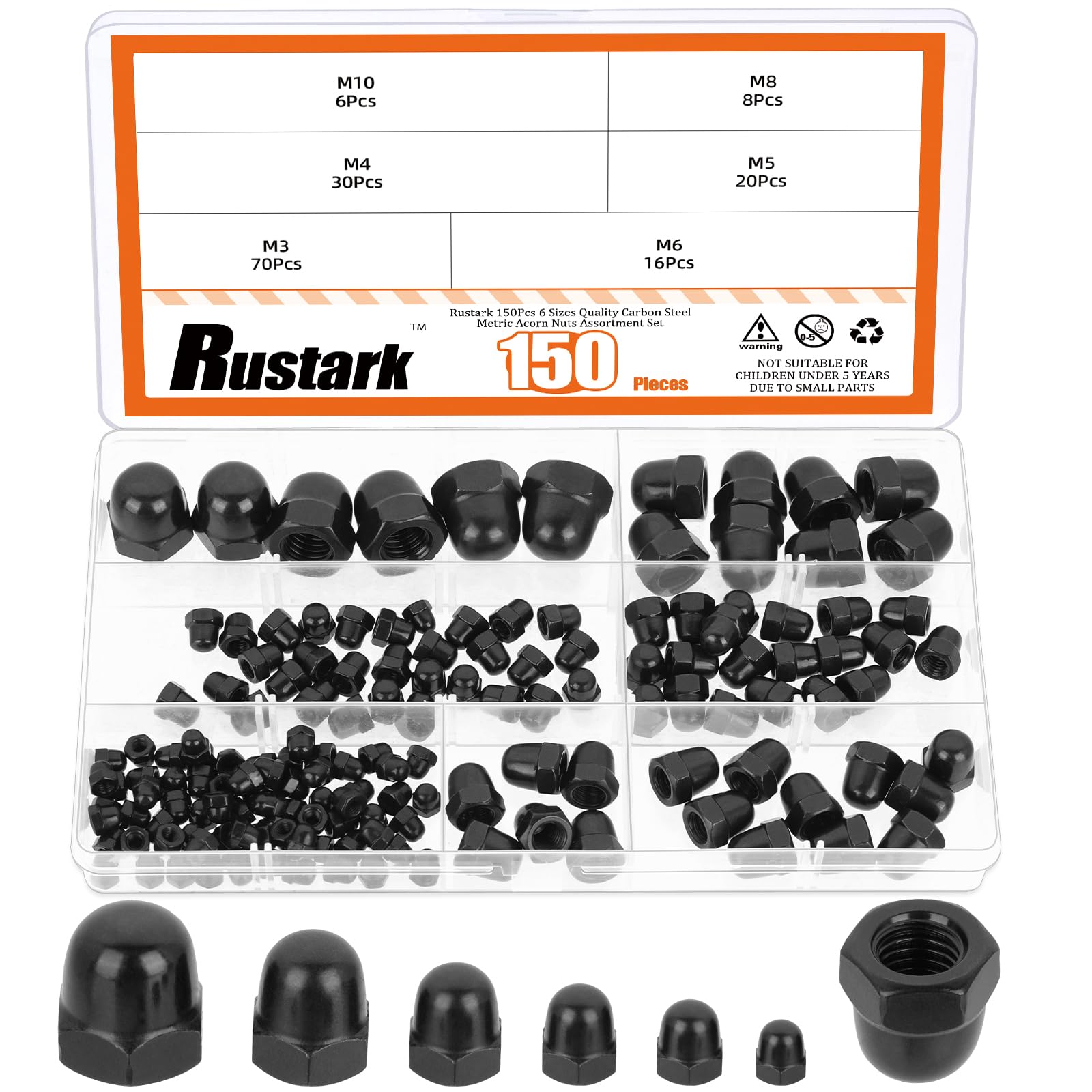 Rustark 150Pcs 6 Sizes Acorn Nuts Assortment Kit Metric Hex Acorn Cap Nuts Carbon Steel Hex Nut Crown Cap Nut Black Dome Head Bolt Cover Caps for Furniture Automotive Indoor Outdoor