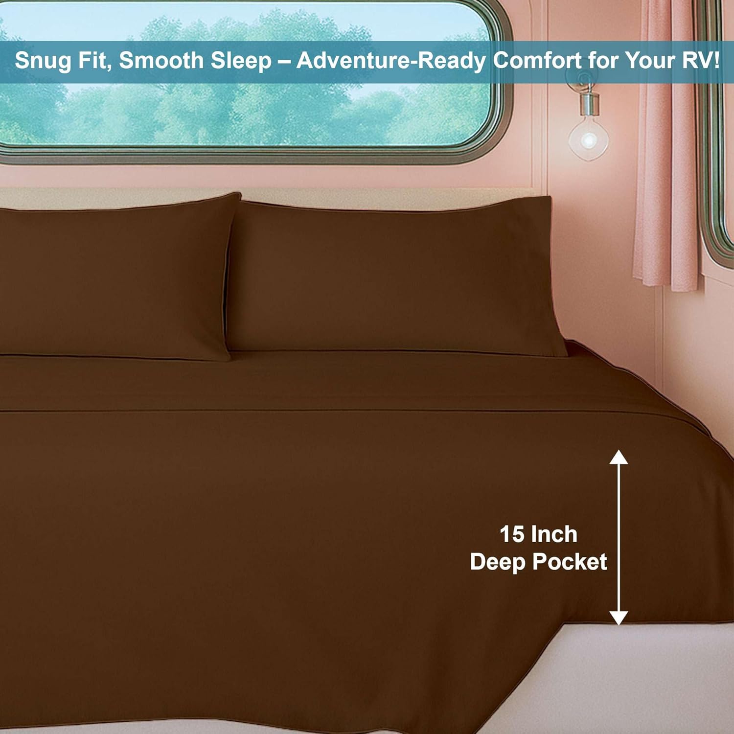 Ready To Rest Full Size 4 Piece Sheet Set for RVs (53x75) - Chocolate, Deep Pocket Fits 15 Inch Mattress, Ultra-Soft Brushed Microfiber, Ideal for Home, RV Bunks, Guest Beds & Travel Trailers