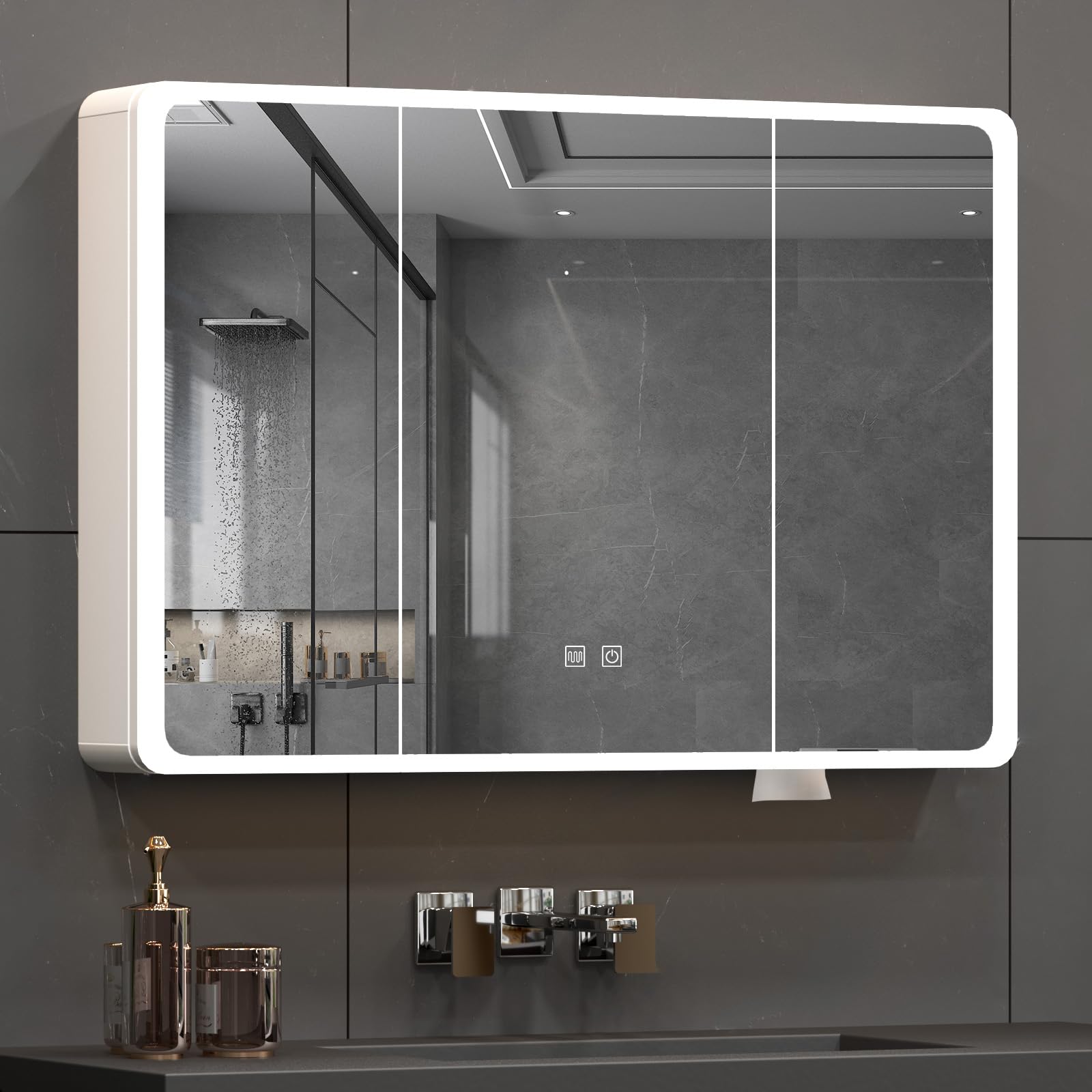 Buildonely Armario de baño con espejo con iluminación, armario de baño con función antivaho y puertas, control táctil, doble puerta, 100 x 70 cm, aleación de aluminio