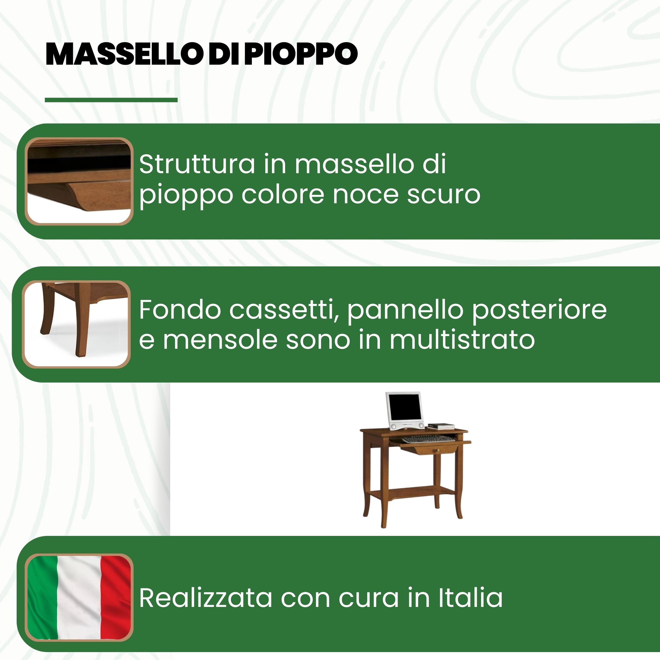 Mar.c.a. Design - Scrivania Arte Povera con Ripiano Estraibile, Porta Tastiera e 1 Cassetto - Scrittoio in Legno 85x49x78 cm Made in Italy