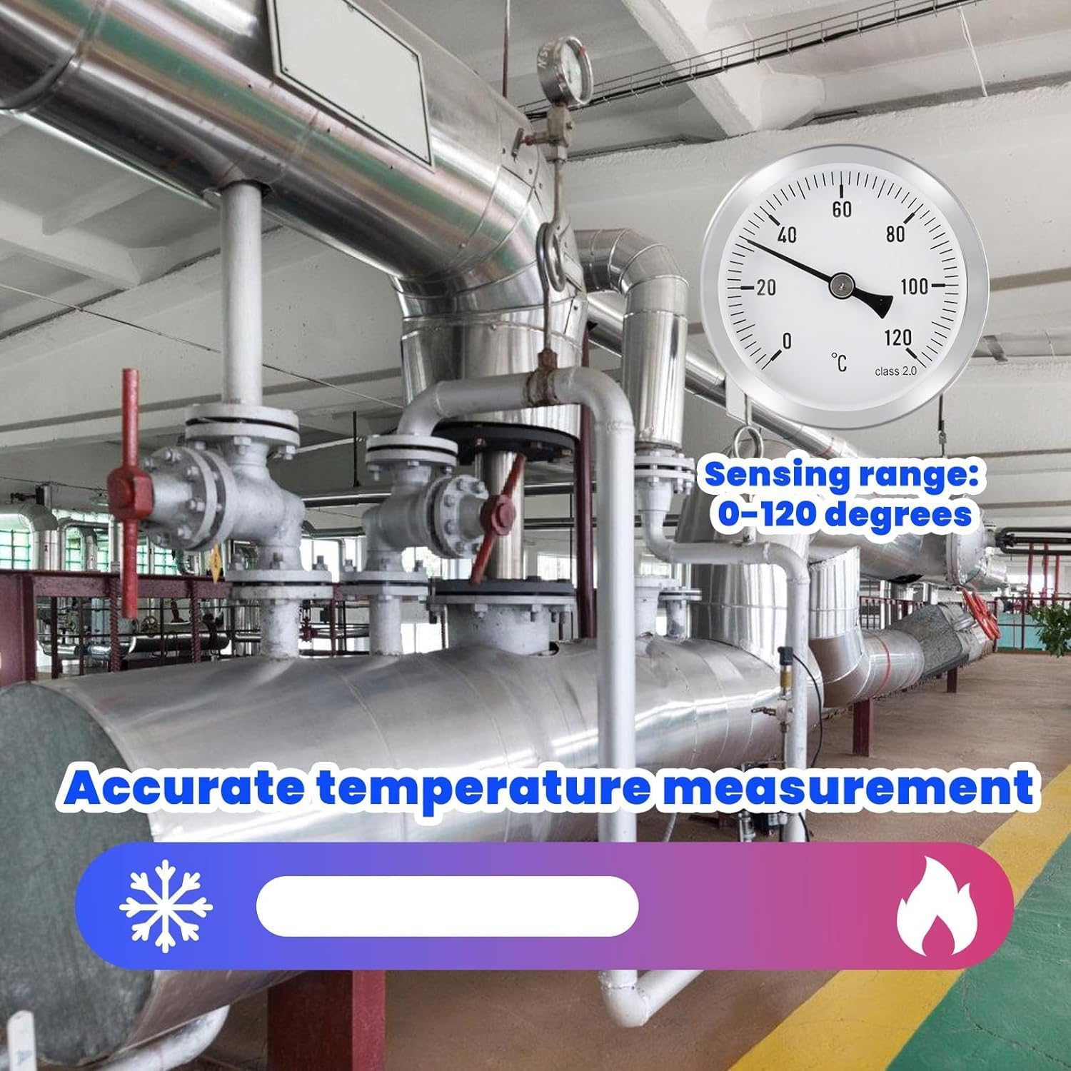2 Stück Anlegethermometer Heizungsrohr 0-120C 63MM, Heizkörper-Thermostat zur Temperaturregelung an Radiatorrohren mit bimetallischem Federstahlkontakt und Edelstahloberfläche