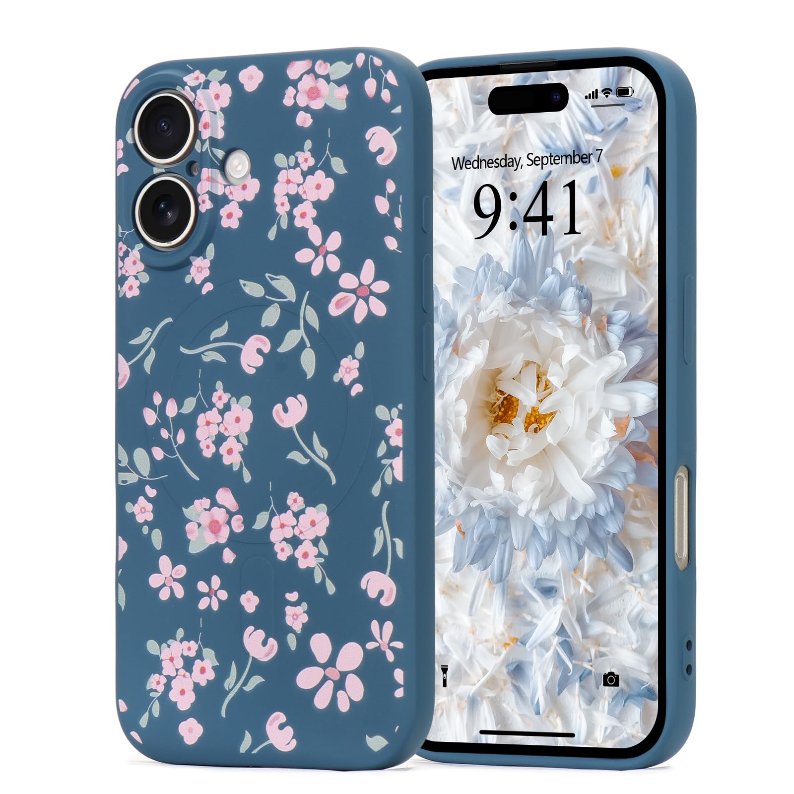 Wirvyuer Floral Elegant Design Phone Case for iPhone 16, Compatible with MagSafe Shockproof Protective Cover for Women Girls Slim Fashion Flower Case