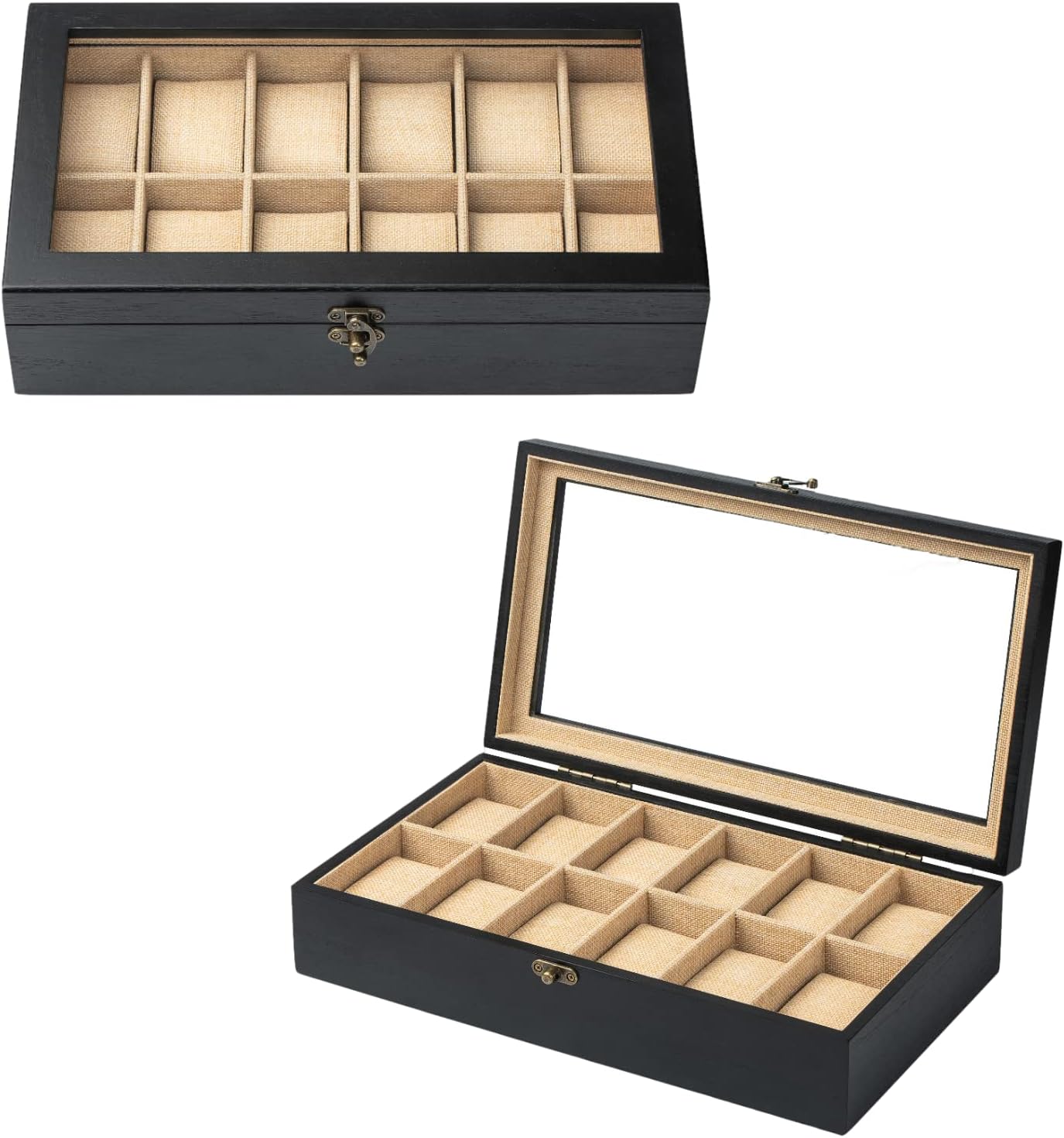Watch Box, Watch Case for Men Women with Large Glass Lid, Wooden Watch Display Storage Box with 12 - Slots, Charcoal Black Mens Watch Box Organizer