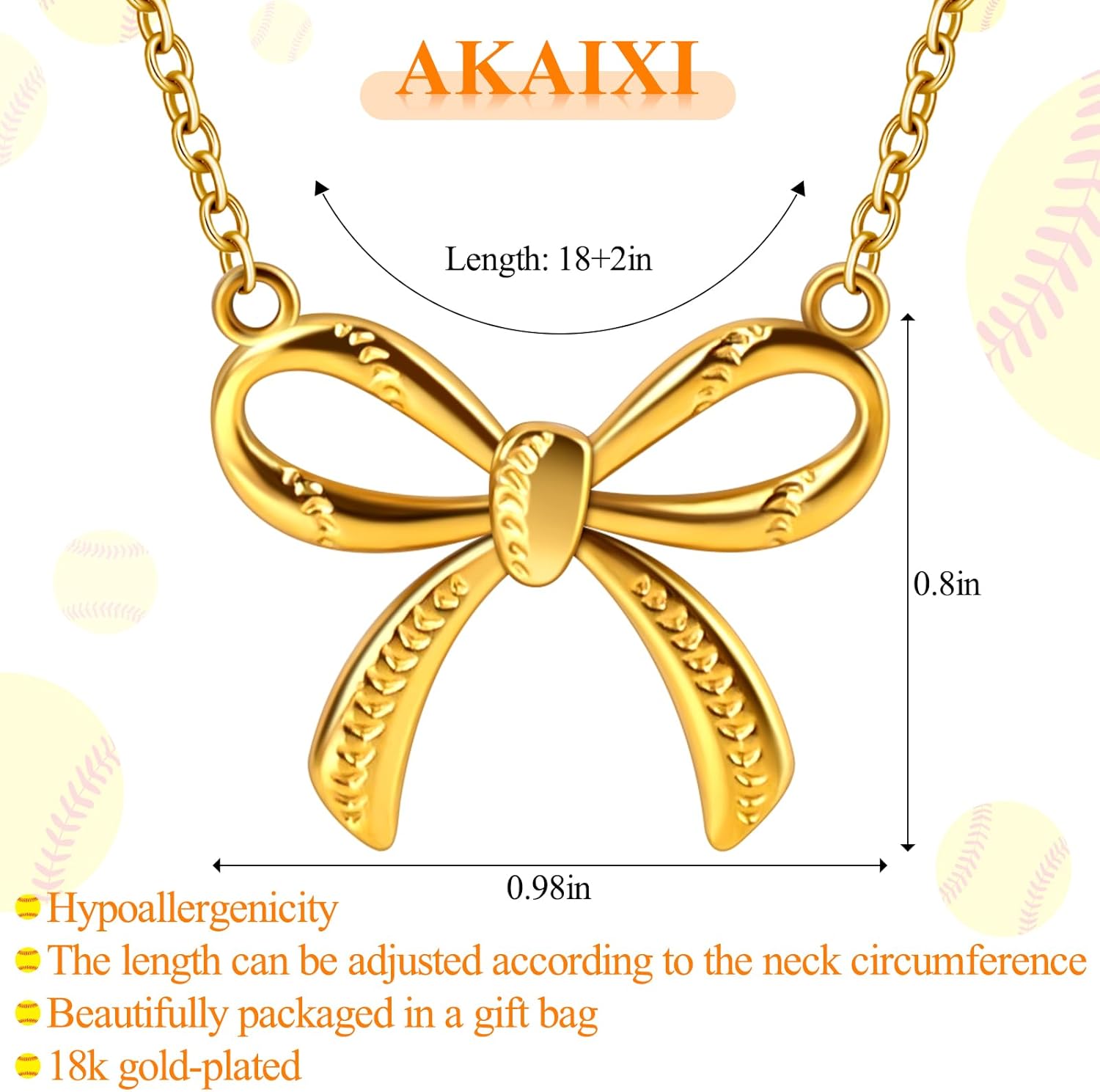 18k Gold Plated Softball Bow Necklace for Women, Dainty Softball Game Day Pendant necklace, Trendy Sport Jewelry Accessories Birthday Christmas Gift for Softball Team Fan Player Coach Friend Mom (Gold)