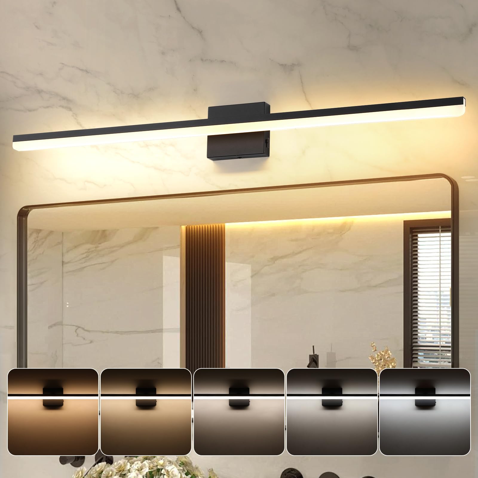 LED Modern Bathroom Vanity Light Fixtures 30W Dimmable 5CCT Vanity Light Bar Over Mirror Matte Black Wall Light for Bathroom 39.4 inch Long 110V AC ETL Certificated