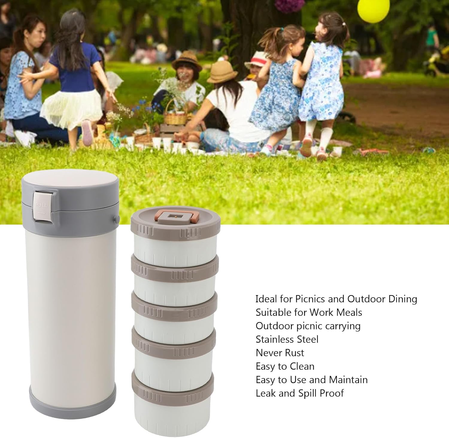 Fockety Portable Insulated Lunch Container, 3.4L Stainless Steel 5 Layer Stackable Insulated Lunch Box Leakproof Insulated Food Jar Lunch Box with Strap for Work, Freshness Locking
