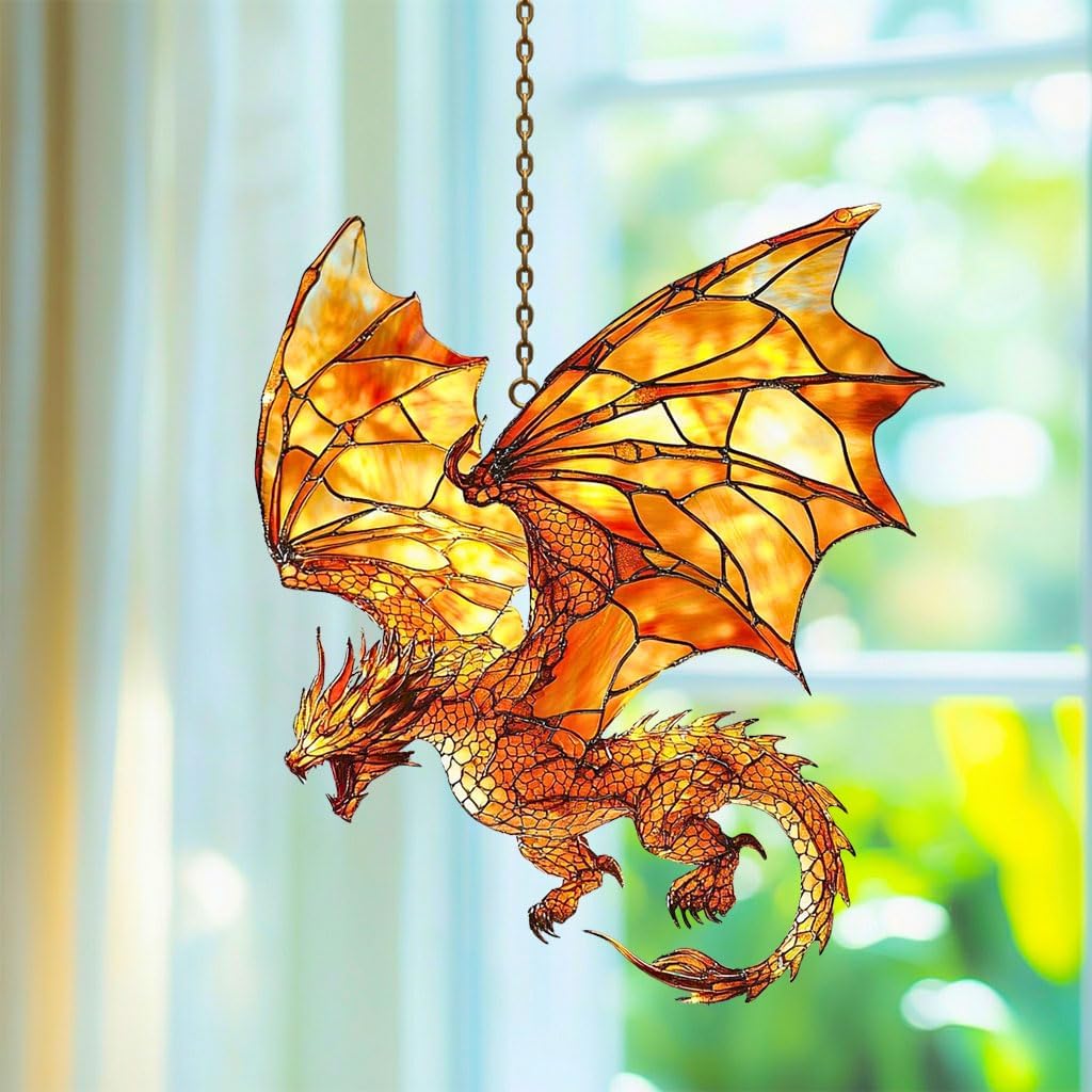Majestic Fiery Red Dragon Acrylic Suncatcher Stained Glass Effect Window Car Hanging Christmas Ornament Indoor Outdoor Decor Garden Sun Catcher Panel for Dragon Lover for Mom Women Grandma