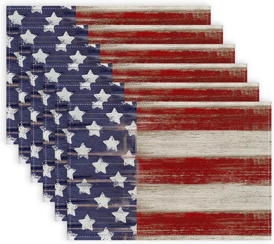 ARKENY4th of July Memorial Day Placemats 12x18 Inches Set of 6, Star American Flag Holiday Farmhouse Stripe Burlap Indoor Patriotic Independence Table Mats Decor for Home Party AP257-6