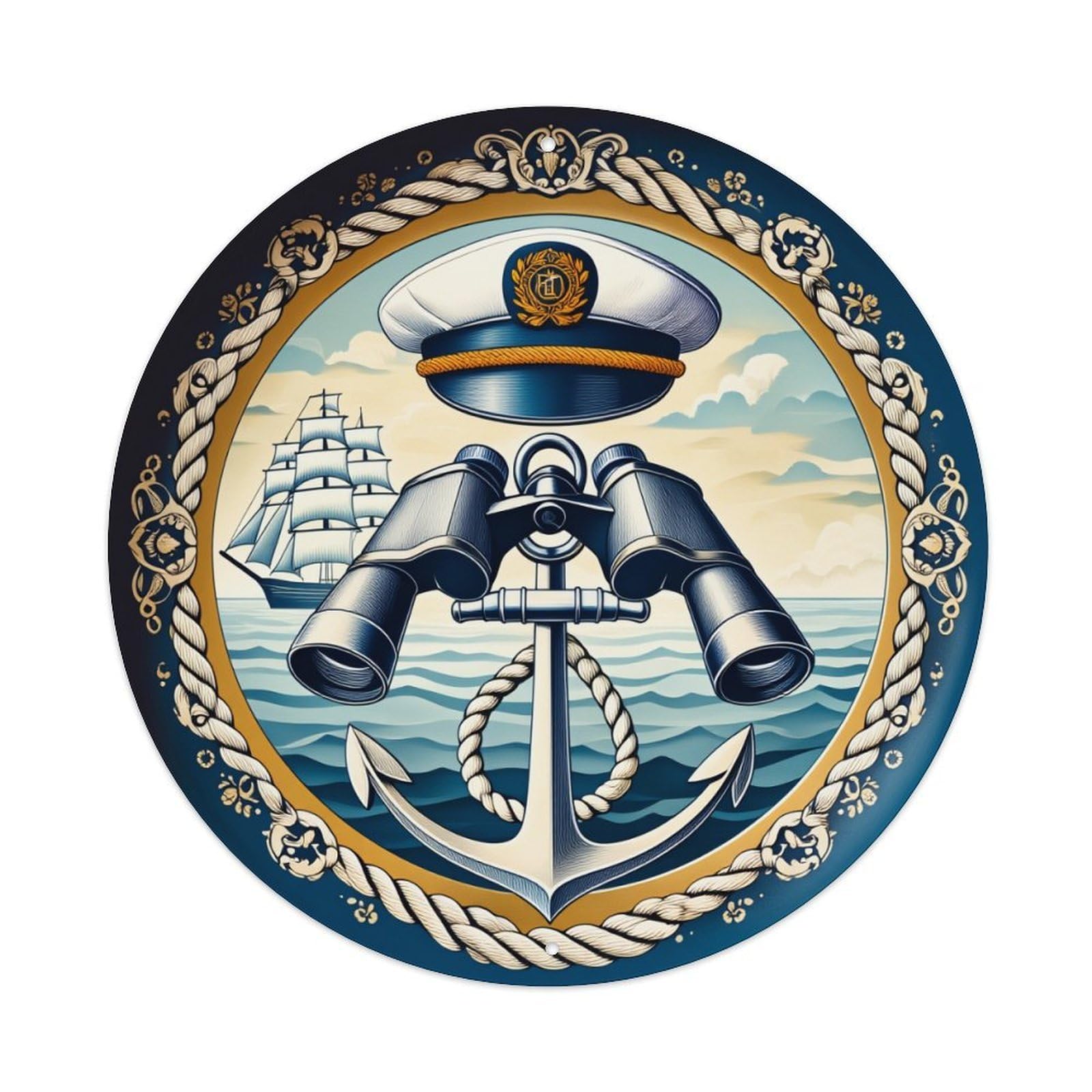 Nautical Theme With Anchor Binoculars And Ship Round Tin Sign Vintage Metal Poster, Home Bar Garage Man Cave Cafe Indoor & Outdoor Wall Decoration 8x8Inches