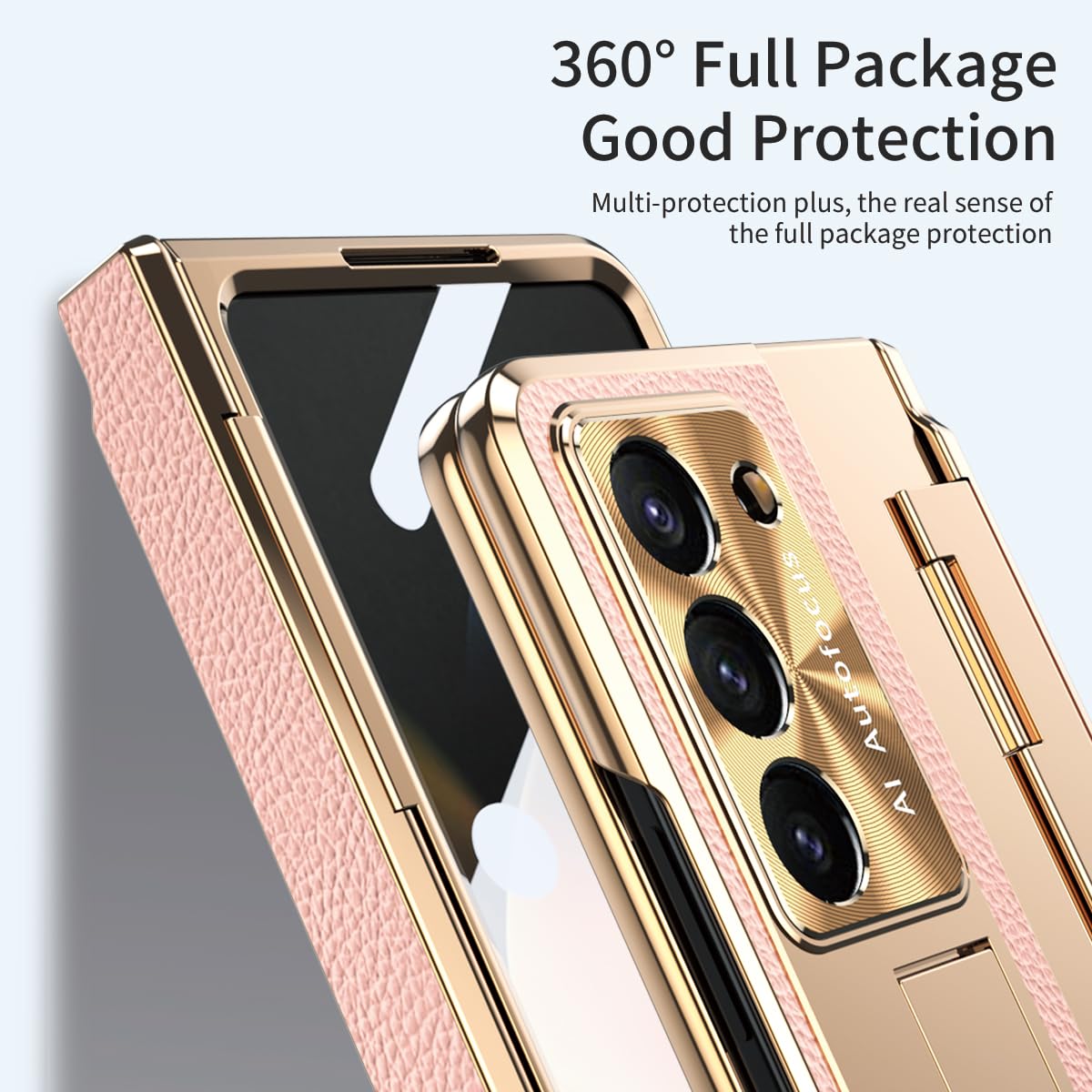 BRAND SET Etui do Samsung Galaxy Z Fold6 z wbudowaną folią ochronną, podstawką, ochroną zamków, bezprzewodowym ładowaniem, odpornym na wstrząsy PC, złoty-różowy