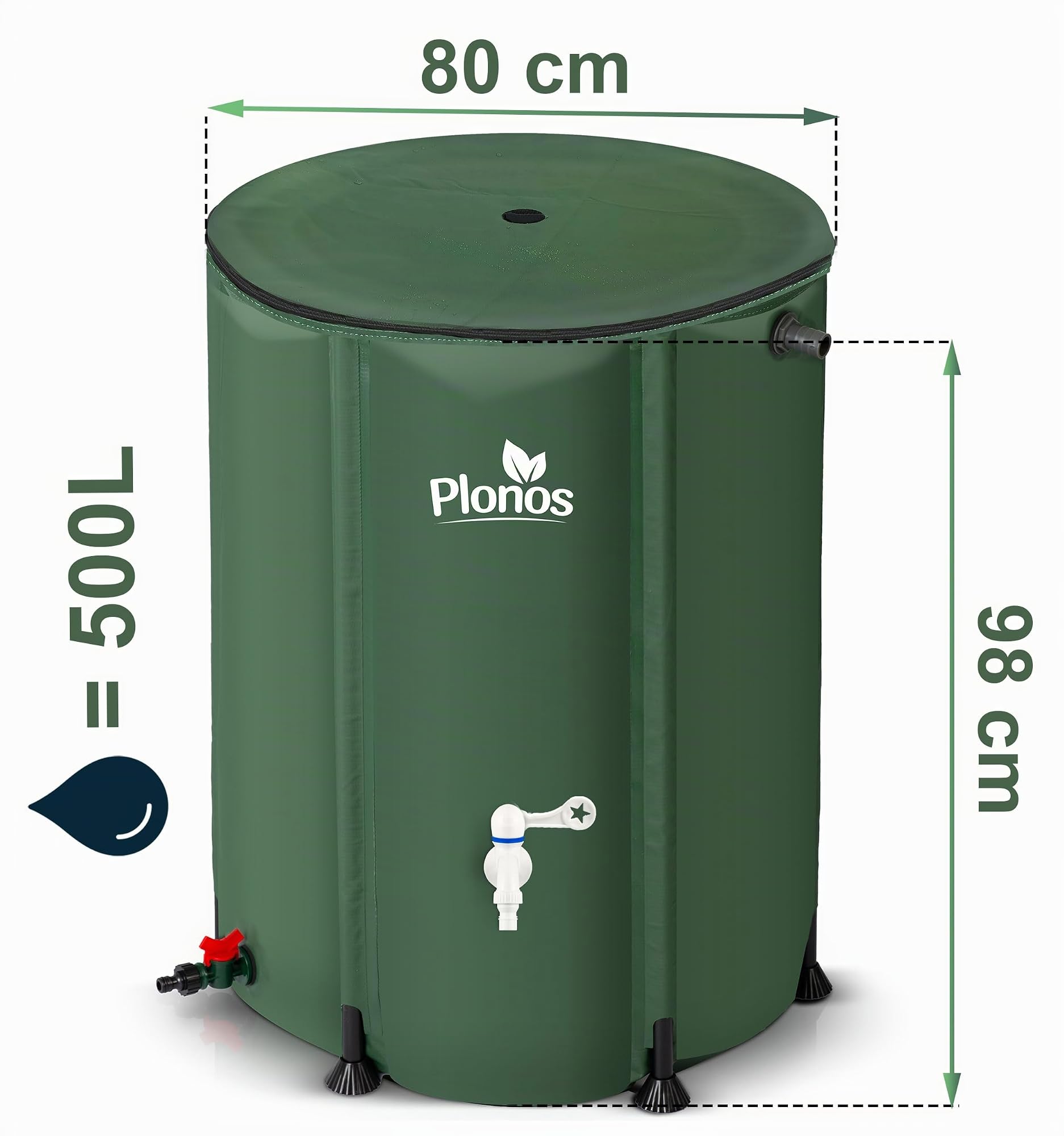 Serbatoio dell'acqua piovana da 500 l, con valvola a scolo 98 x 80 cm, verde