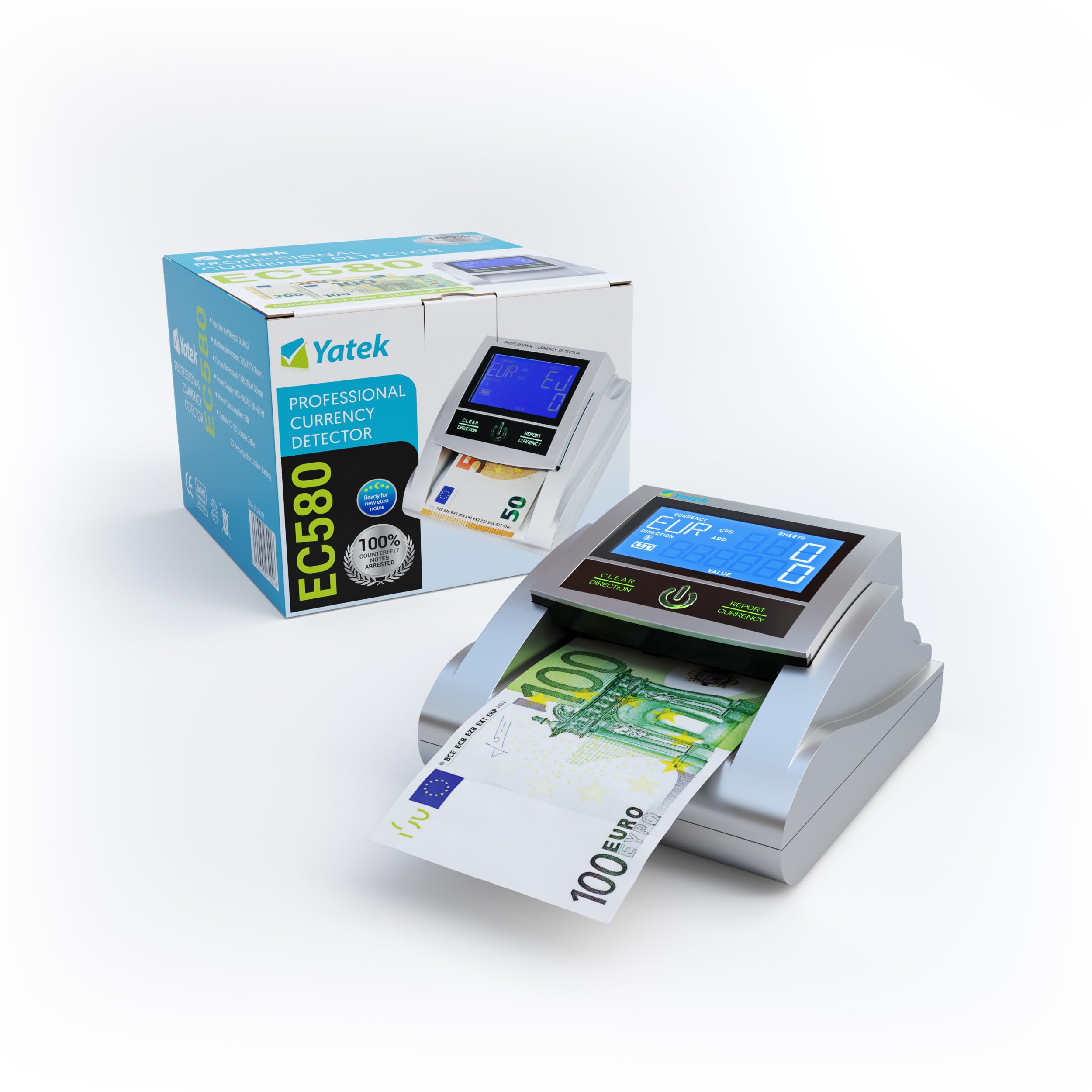 YATEK Rilevatore di banconote false EC580 con 6 metodi di rilevamento, con batteria inclusa e Pronto per le nuove banconote da 100 e 200 €