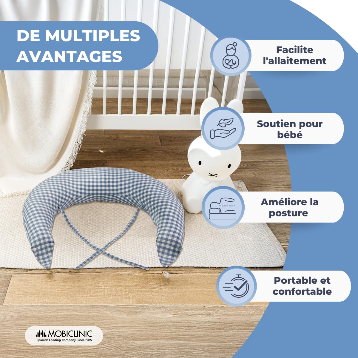 Mobiclinic®, Coussin Allaitement et Grossesse XXL, 3 en 1, Housse 100% Coton, 150 cm, Sangles Réglables, Multifonction, Aura, Amovible et Lavable, Multi-Position, Vichy Print