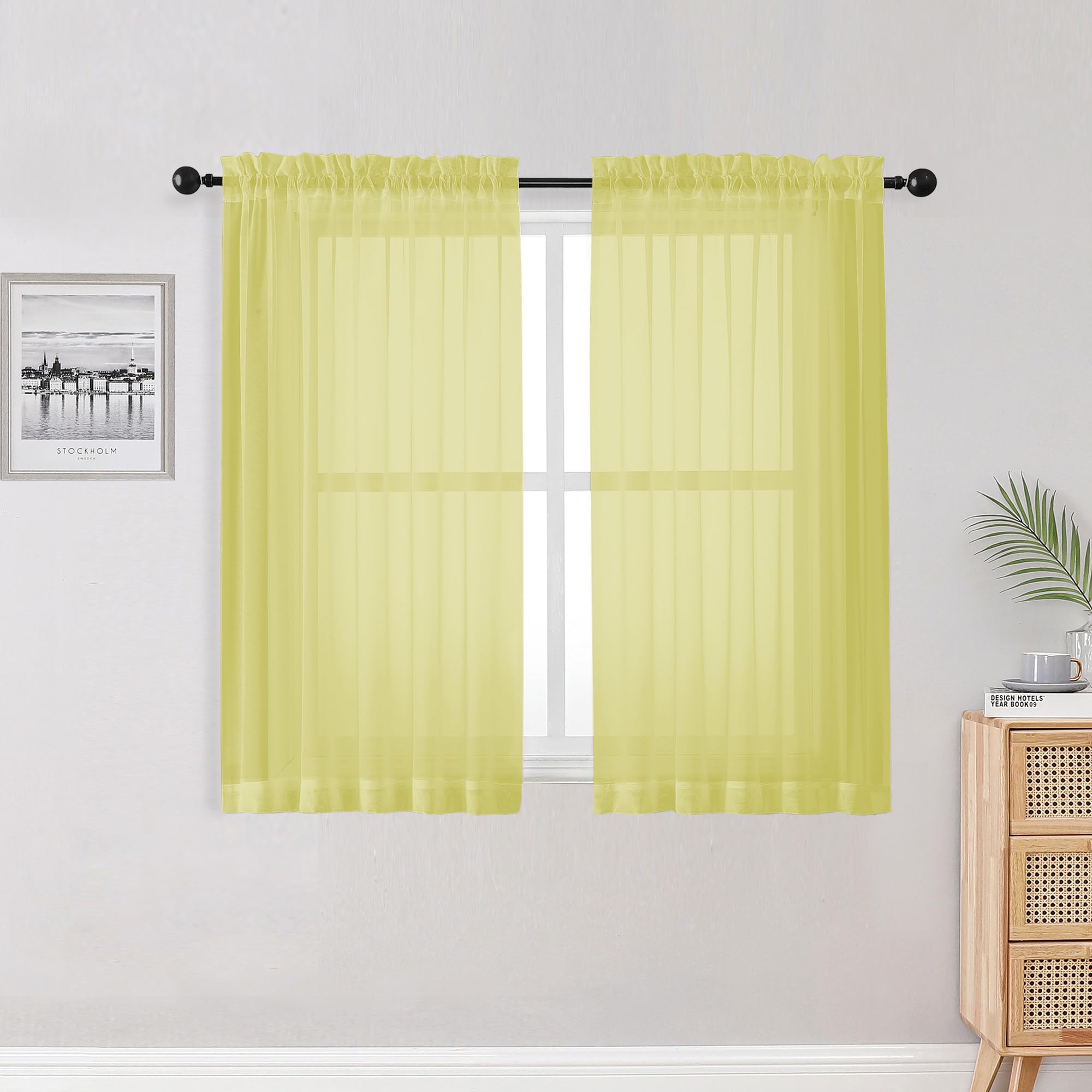 OWENIE Lemon Kitchen Sheer Curtains for Bedroom Living Room 45 Inch Length, Bedroom, Soft Solid Light Filtering Voile Short Sheer Curtain for Small Window, 42" W x 45" L, Lemon