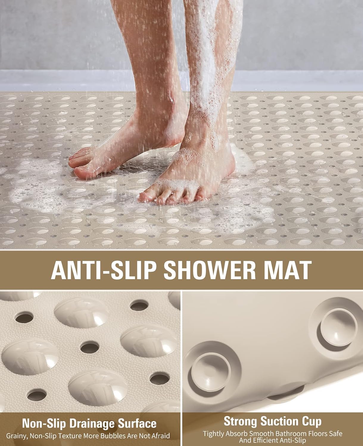 Yolife Extra Large TPE Shower Mat, 47.2" L x 31.5" W Anti Slip Bath Mat with Drain Holes and Suction Cups, Large Size Mat More Suitable for Shower Stall, No Odor, Heavy Mat - Image 3