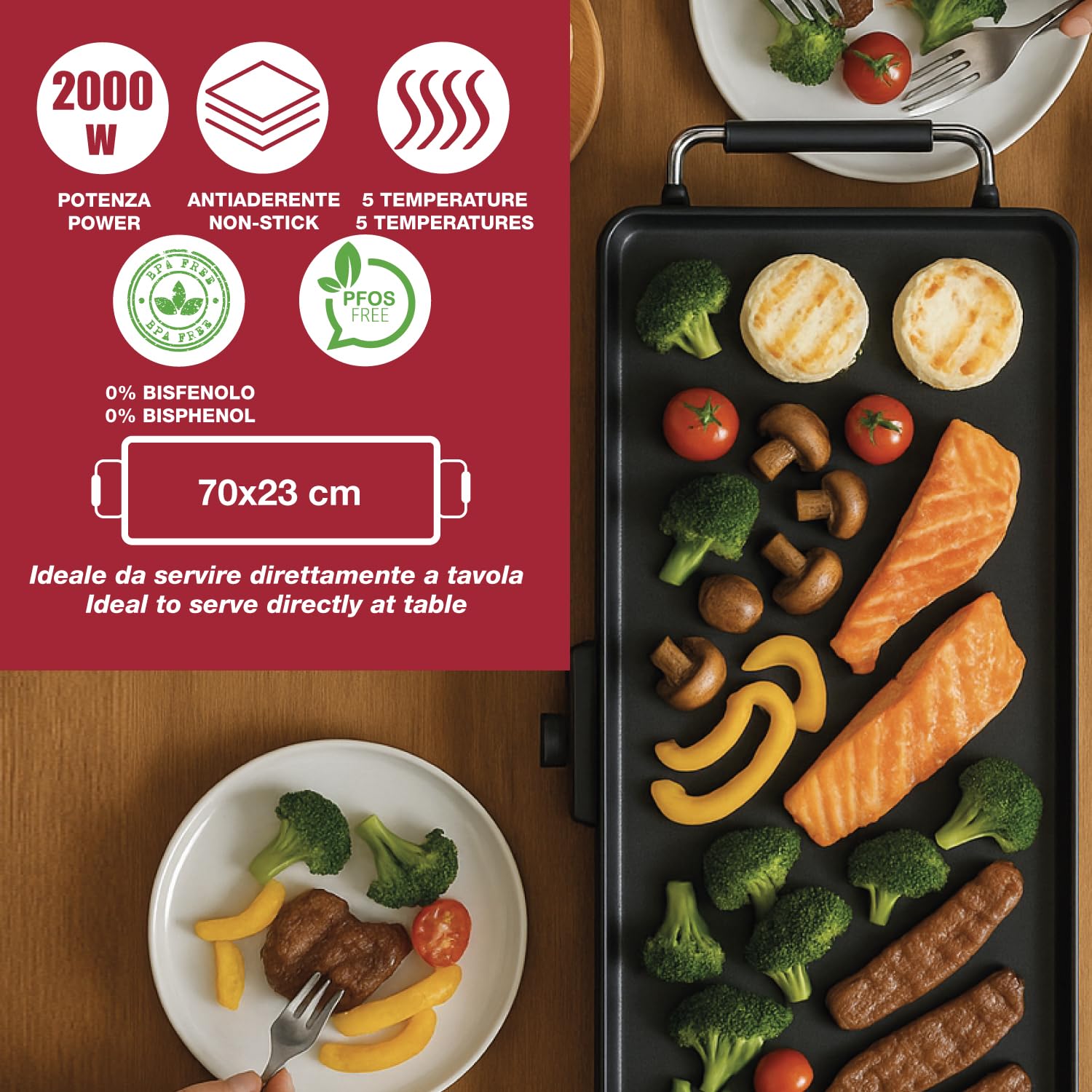 BEPER P101BBQ070 Elektryczny grill teppanyaki XL 70x23 cm, z powłoką nieprzywierającą, regulowanym termostatem, uchwytami termoizolacyjnymi, 2000 W, bez BPA i PFOS