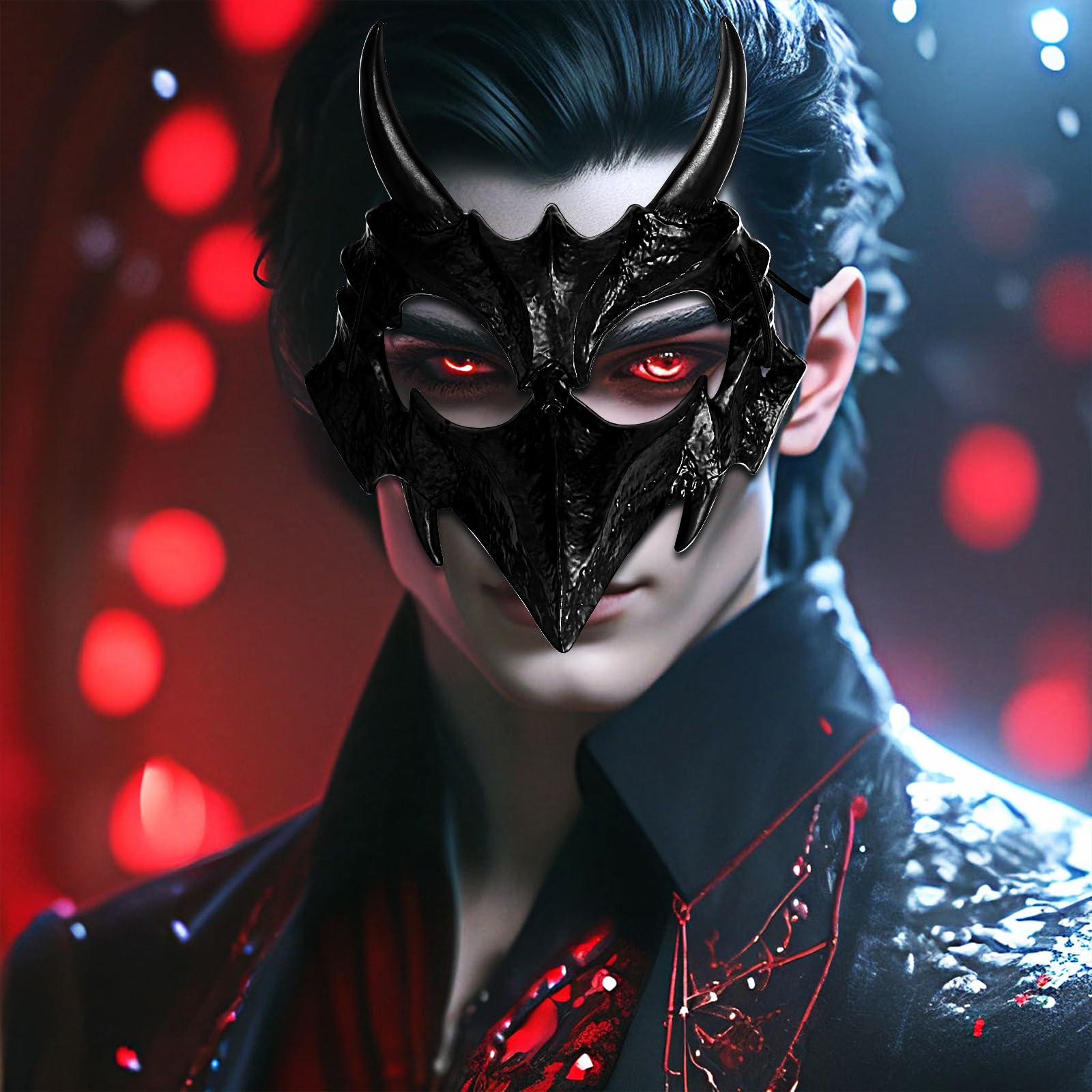 JewelryWe Unisex Gothic Demon Mask: Men Women Black Cosplay Dark Dragon Half Skull Scary Bloody Halloween Decorativ Mask - Image 2