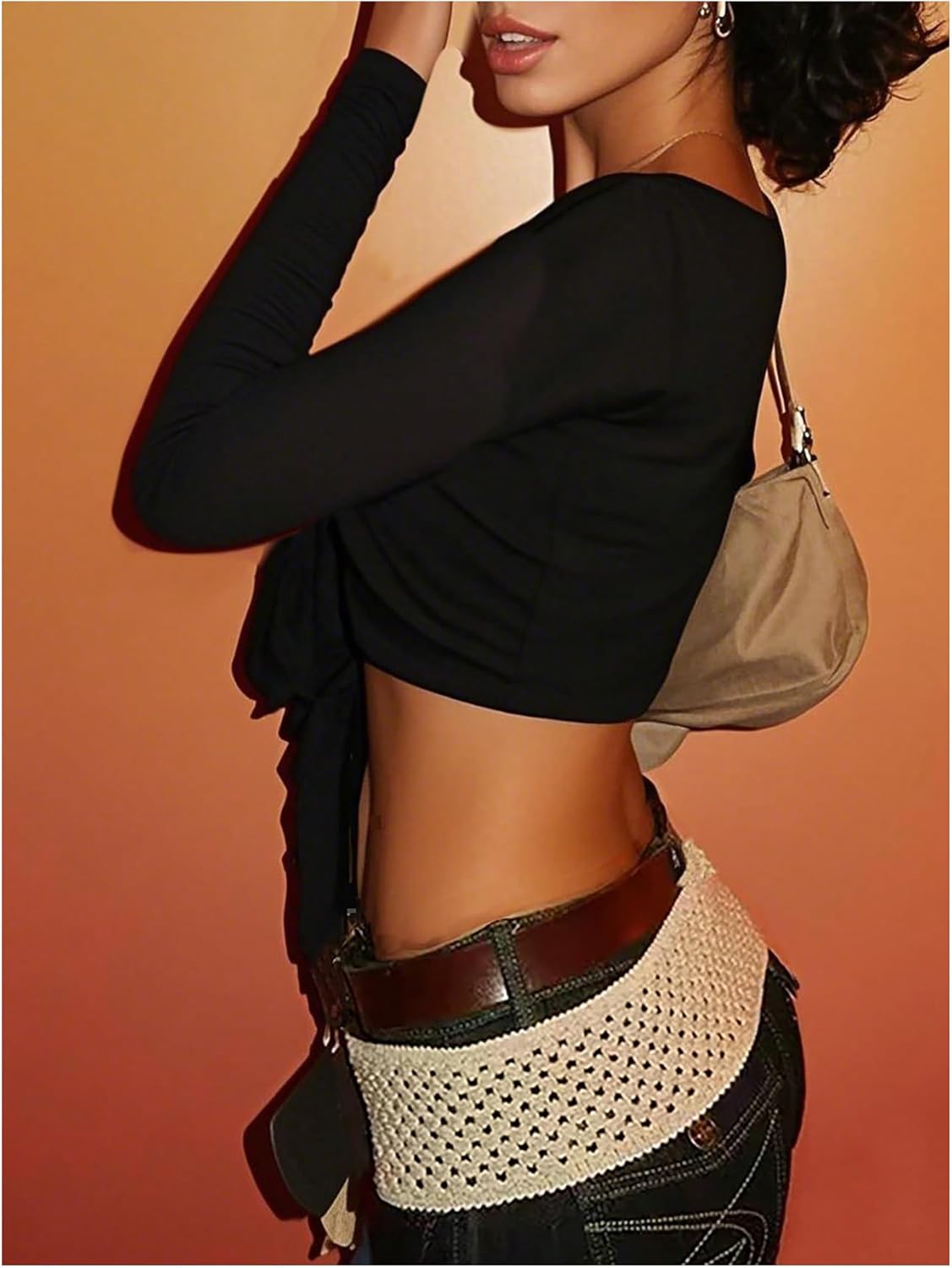 WDIRARA Women's Tie Front Long Sleeve Crop Tops V Neck Night Out Tee Shirts Clubwear - Image 3