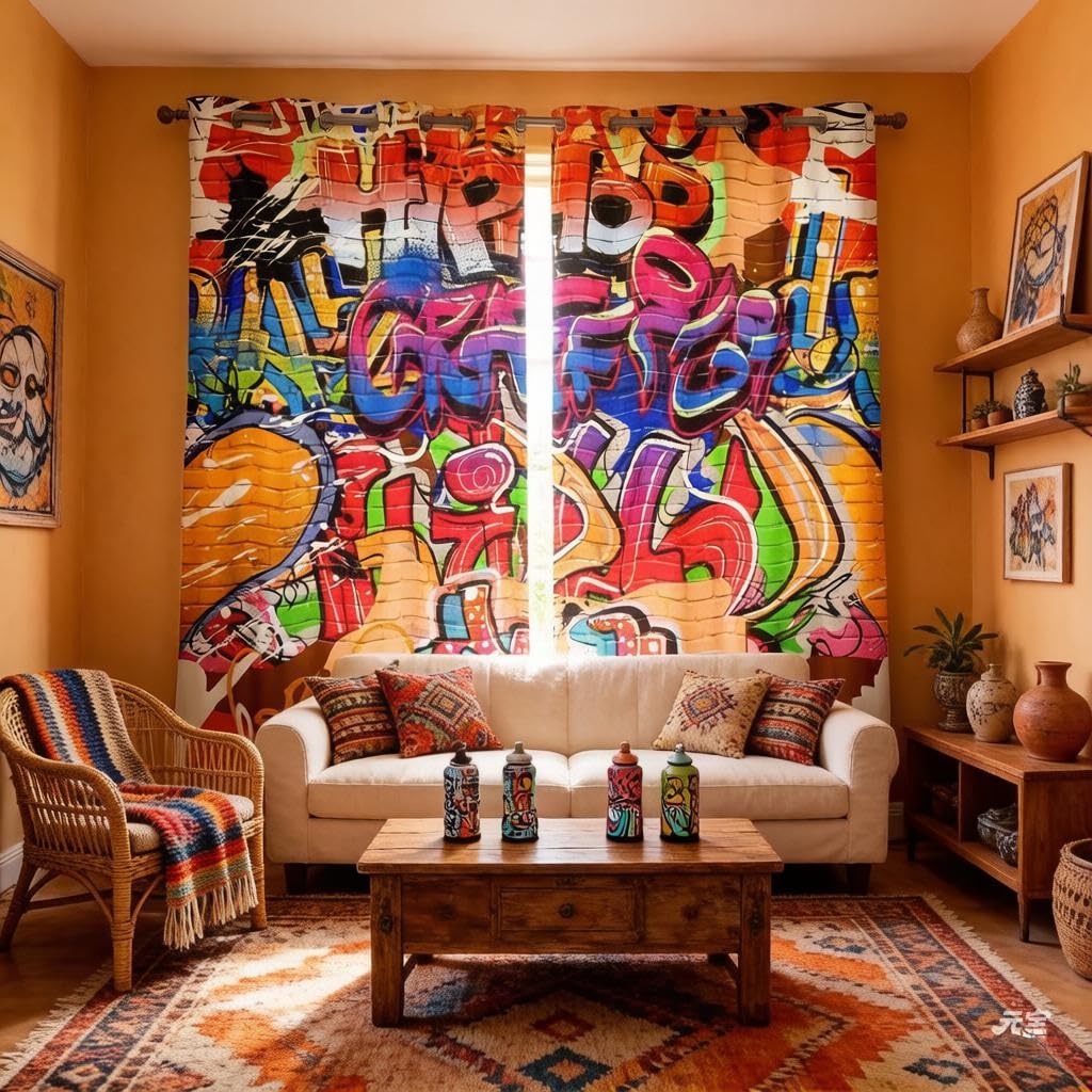 Loussiesd Teens Graffiti Pattern Window Curtain Panels Youth Hip Hop Window Drapes for Kids Boys Young Man Graffiti Pattern Window Treatments Street Culture Theme Grommet Top Room Decor W52*L90