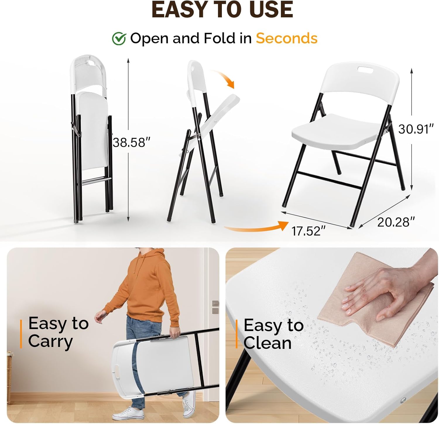 VINGLI Folding Chairs, Plastic Foldable Chair, Capacity up to 350 lbs, Portable Seating for Indoor Outdoor Events Parties Camping Work School Commercail (20, White)