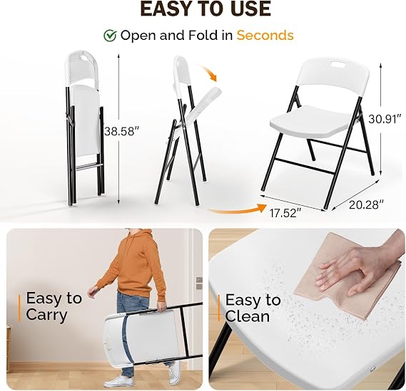VINGLI Folding Chairs, Plastic Foldable Chair, Capacity up to 350 lbs, Portable Seating for Indoor Outdoor Events Parties Camping Work School Commercail (6, White)