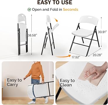 VINGLI Folding Chairs, Plastic Foldable Chair, Capacity up to 350 lbs, Portable Seating for Indoor Outdoor Events Parties Camping Work School Commercail (6, White)