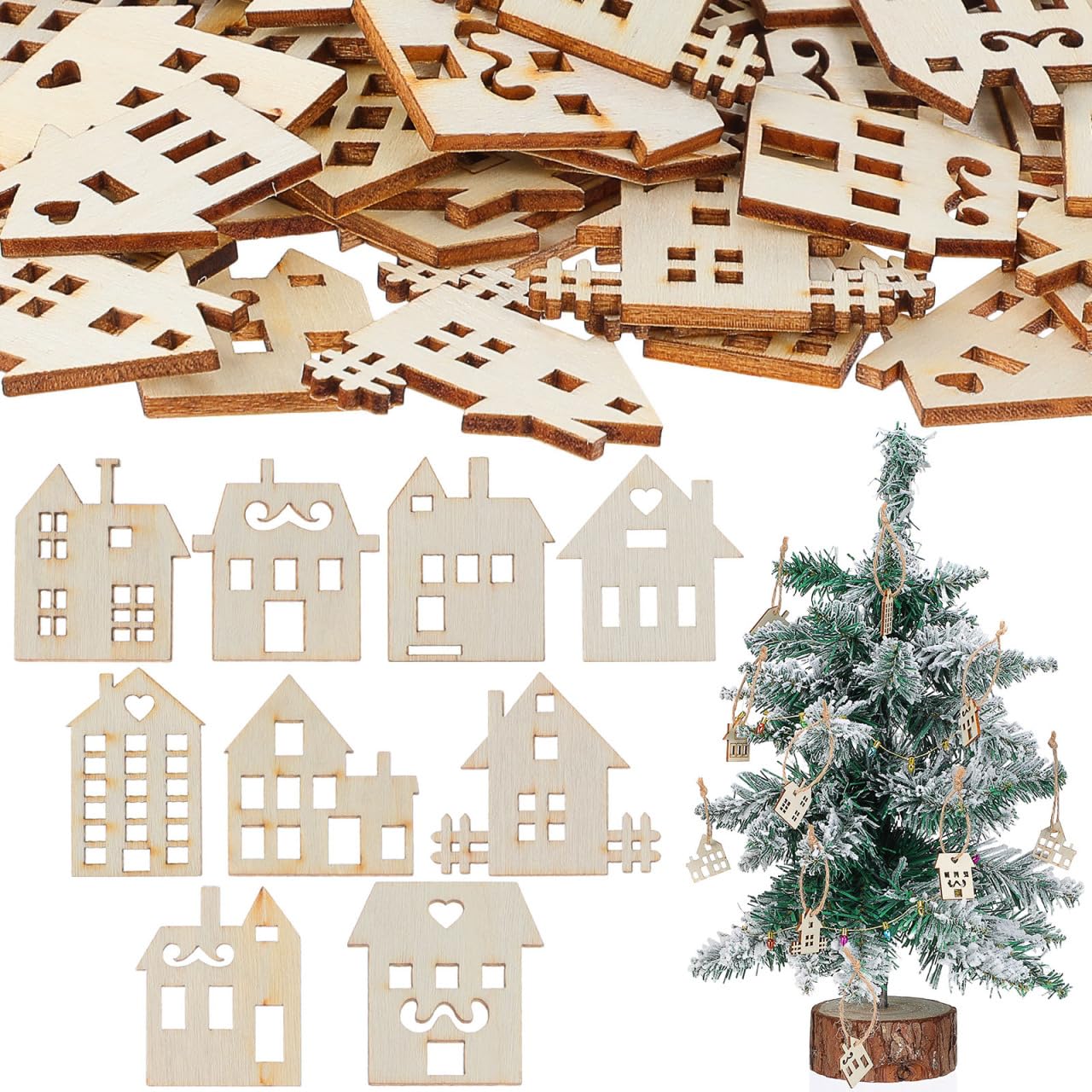 Toyvian 100pcs Wood Craft Shapes House Shaped Unfinished Wood Embellishment Cutout Veneers for DIY Craft Project Home Ornaments