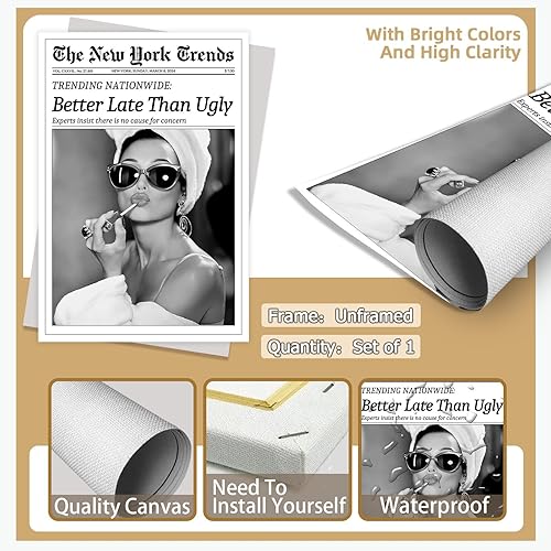 Miniatura 7 de FBKDVC Póster de pared de periódico retro de moda en blanco y negro para mujer, póster artístico con texto en inglés "Better Late Than Ugly Vintage"