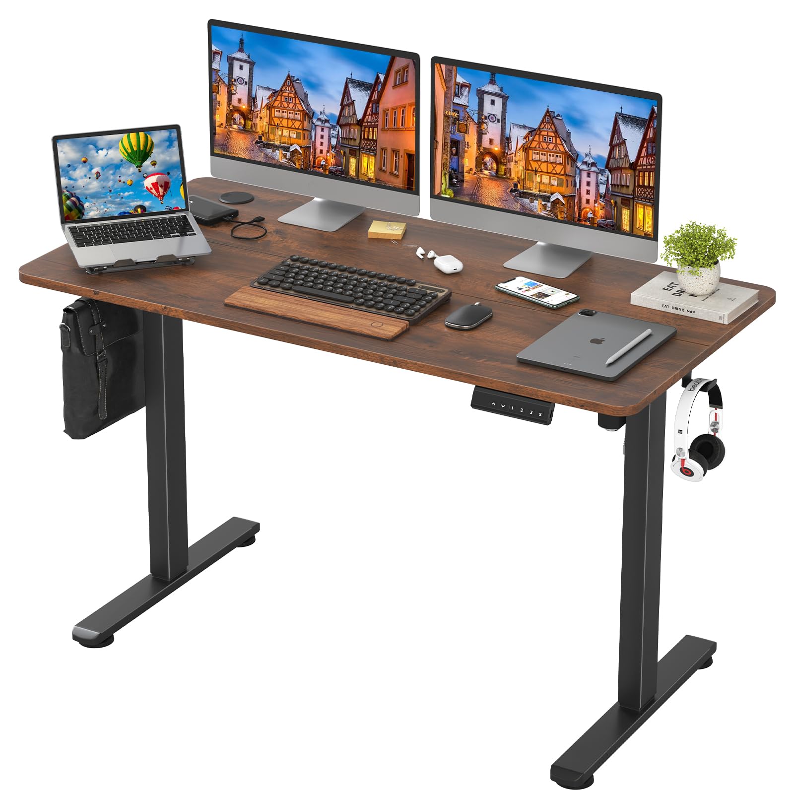STARY Adjustable Height Sit Stand Home Office Desk with Splice Board, 4824, Reddish Brown