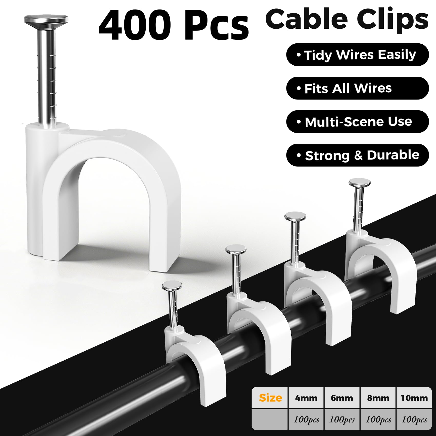 400 Stück Kabel-Clips, 4/6/8/10 mm, Kabel-Clips, Ethernet-Kabel, Drahtwand-Clips, Kabelbänder, Kabelnägel, Koaxialkabel-Clips, Kabelmanagement für Lautsprecher, RG6, RG59, CAT6, RJ45, Weiß