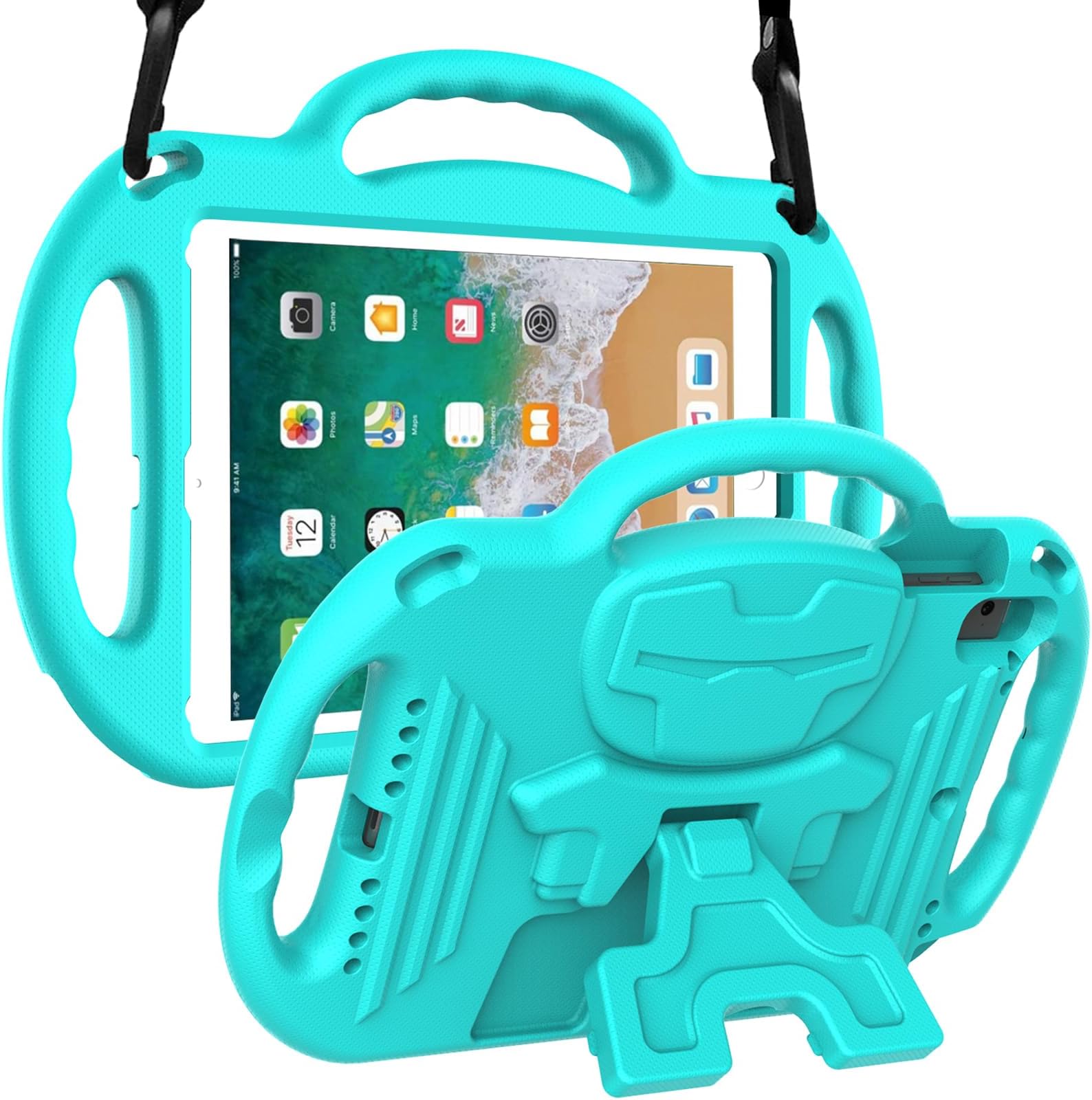 LTROP Kids Case for iPad 5th/6th Generation (9.7 inch, 2017/2018), iPad Air 1 & Air 2 & Pro 9.7 Kids Case with Shoulder Strap Handle Stand for iPad 5/6 & iPad Air 1st/2nd Gen, Turquoise
