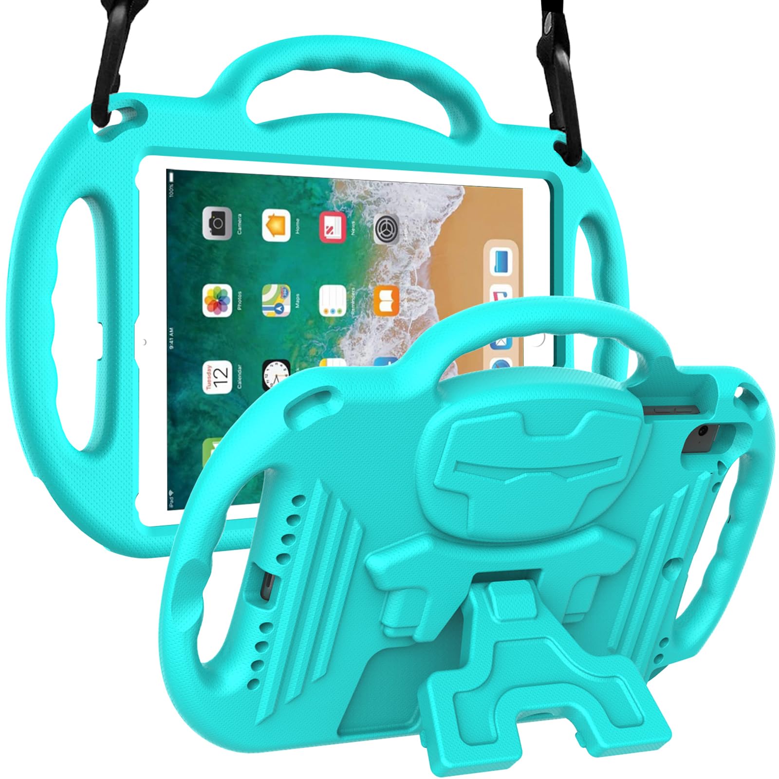 LTROP Kids Case for iPad 5th/6th Generation (9.7 inch, 2017/2018), iPad Air 1 & Air 2 & Pro 9.7 Kids Case with Shoulder Strap Handle Stand for iPad 5/6 & iPad Air 1st/2nd Gen, Turquoise