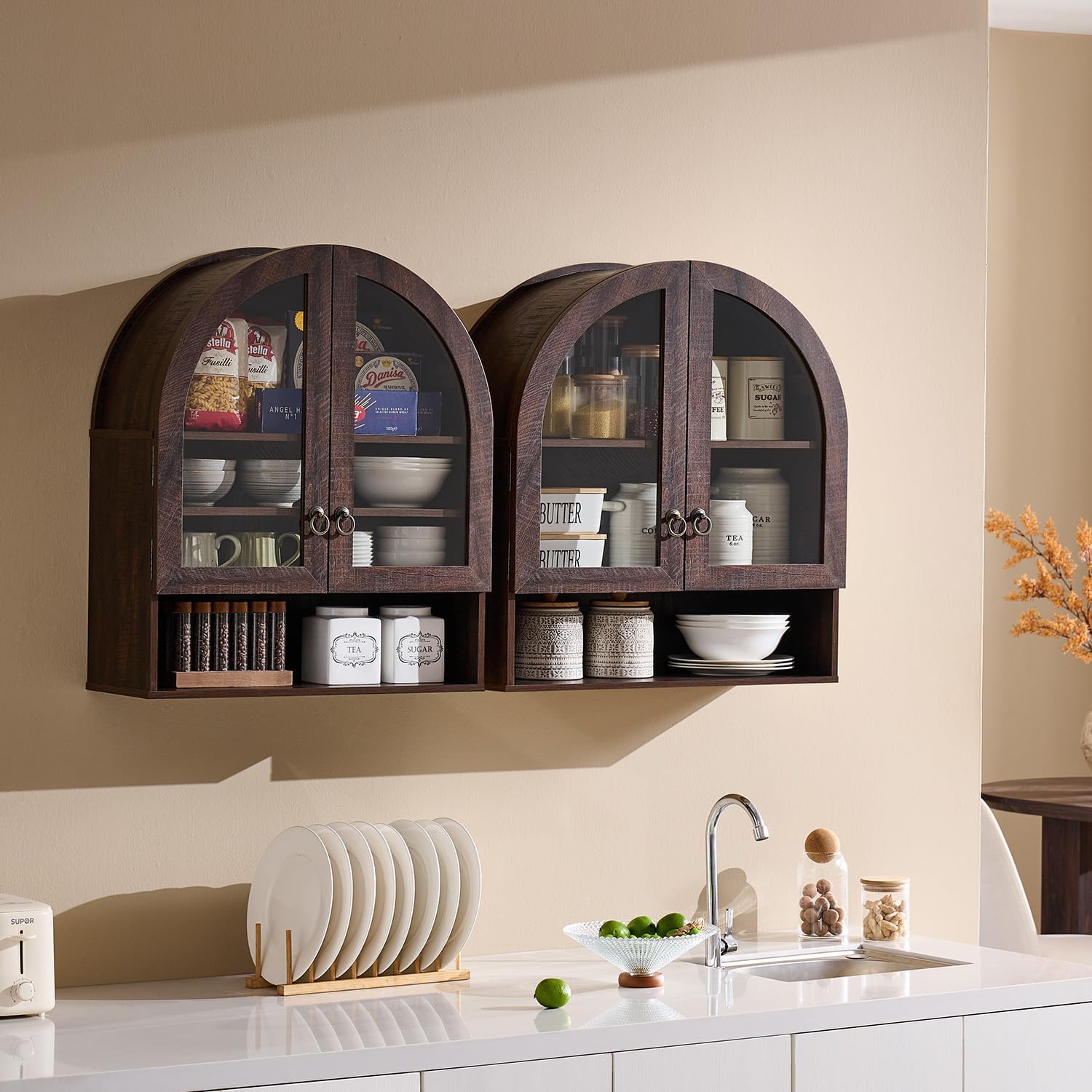 IFGET Bathroom Arched Wall Cabinet, 23.6'' Wide Medicine Cabinet with Adjustable Shelves & Glass Doors, Over The Toilet Storage Wall Mount Cabinet for Laundry Room, Kitchen & Living Room, Dark Walnut