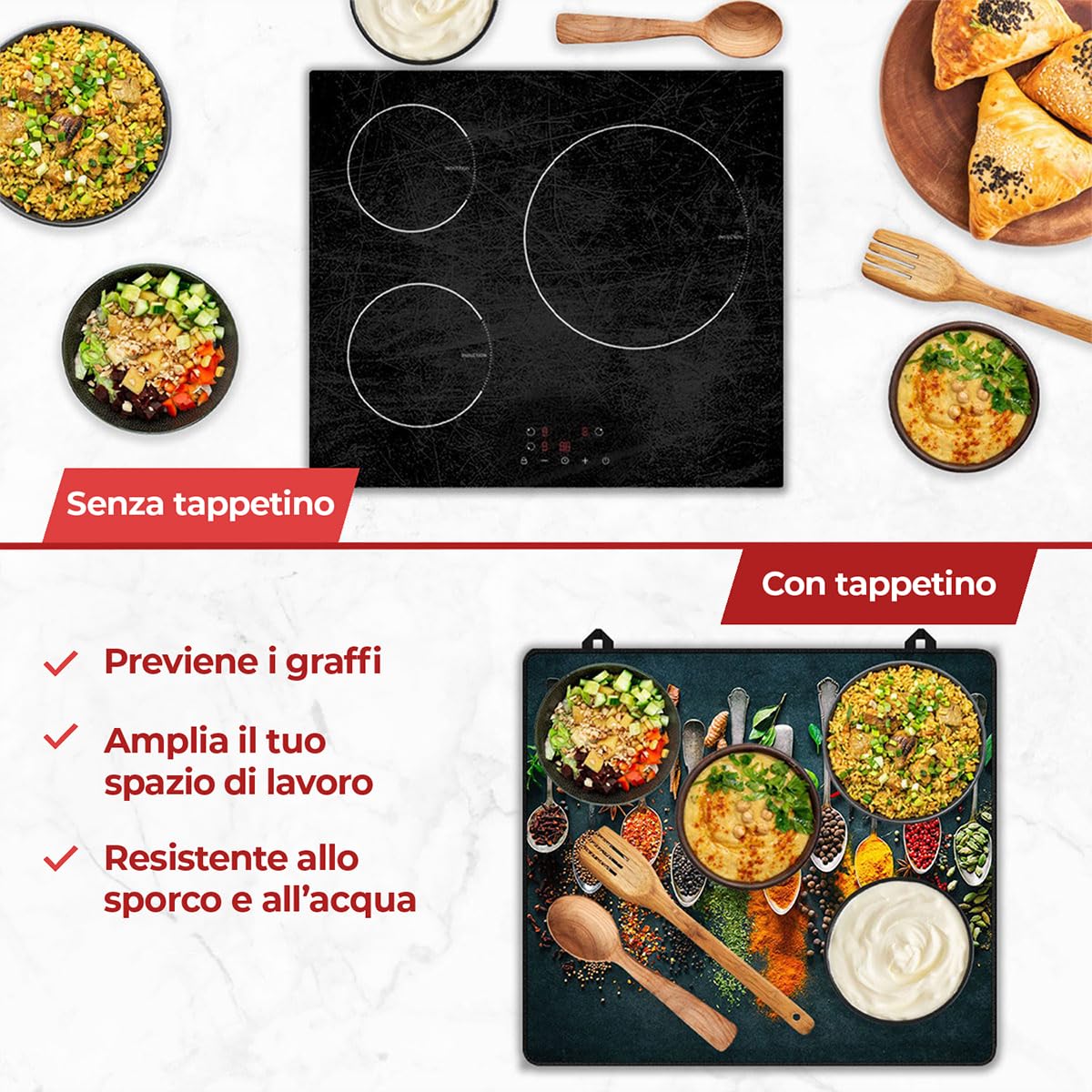 Copri Piano Cottura Induzione Cucchiai per erbe e spezie - 60x52 cm - Cucina Coprifornelli Protezione - Tappetino Protettivo per Induzione - Pannello Paraschizzi Cucina