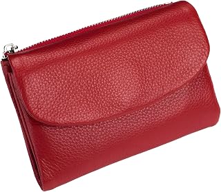 RFID Leather Wallet for Women, Slim Card Holder, Red | 5.3in Unisex Pebble Genuine Leather Wallet, Holds 10+ Cards & Cash, Zipper Coin Pocket, ID Window, for Purse Travel