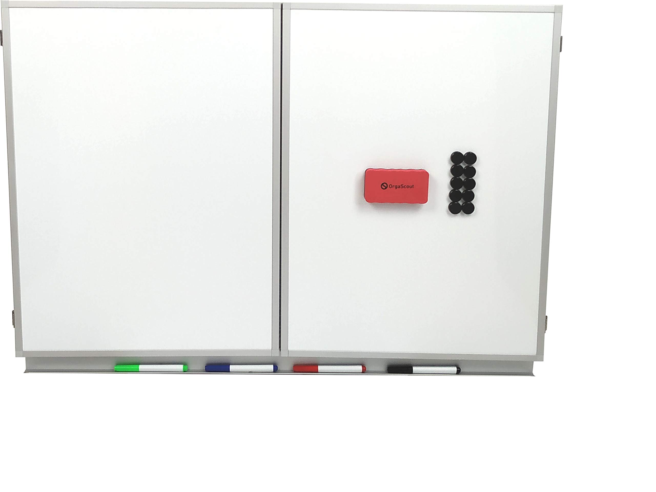 OrgaScout Klapptafel Set - 60cm x 90cm / 60cm x 180cm - beschreibbare Magnettafel weiß mit lackierter Whiteboard Oberfläche - inklusive Tafelwischer, 10 schwarzen Magneten und 4 farbigen Boardmarkern