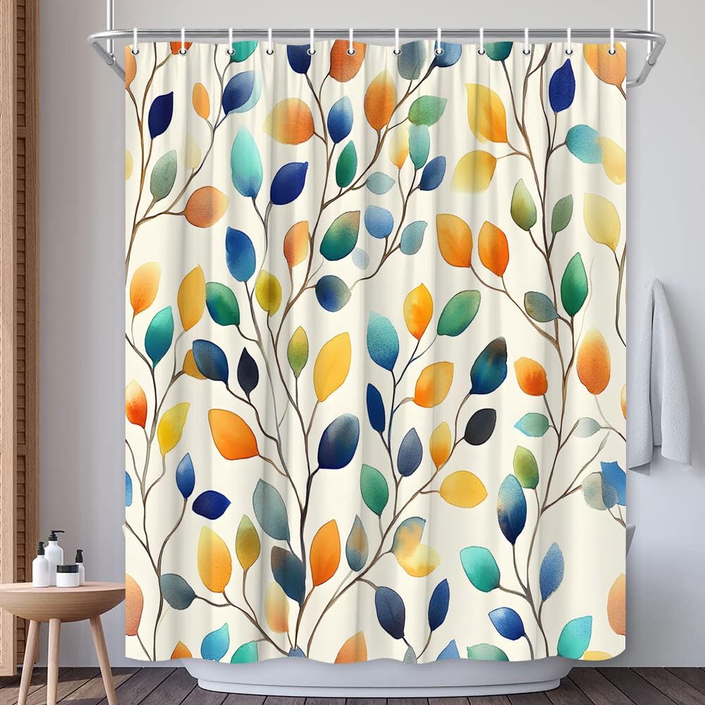 Boho Leaf Floral Shower Curtain Spring Summer Colorful Nature Botanical Watercolor Plant Leaves Floral Bathroom Home Decor Bath Decor Polyester Fabric Curtains 106X70 Inch