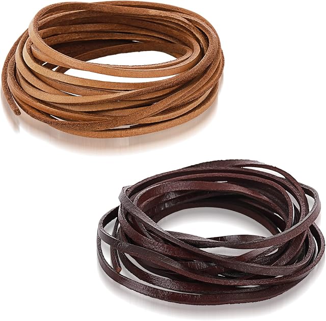 2 Rolls 3 mm Flat Genuine Leather Cord Natural Leather Strip,Craft Leather Cord Jewelry Leather Strings for Lace Braided Bracelets Necklaces Handbag Knife Sheaths (0.11 * 0.07 * 118inch)