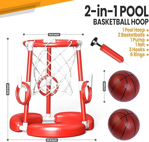 Miniatura 3 de SpringFlower Aro de baloncesto para piscina, juguetes flotantes para piscina, juego de anillo con lanzamiento de anillo, bolas y bomba, 2 en 1 de