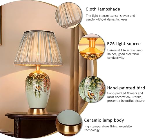 Miniatura 5 de PSXPSXO Lámpara de mesa LED de cerámica pintada a mano con flores y pájaros lámparas de chinoiserie clásicas americanas pantalla de tela amarilla