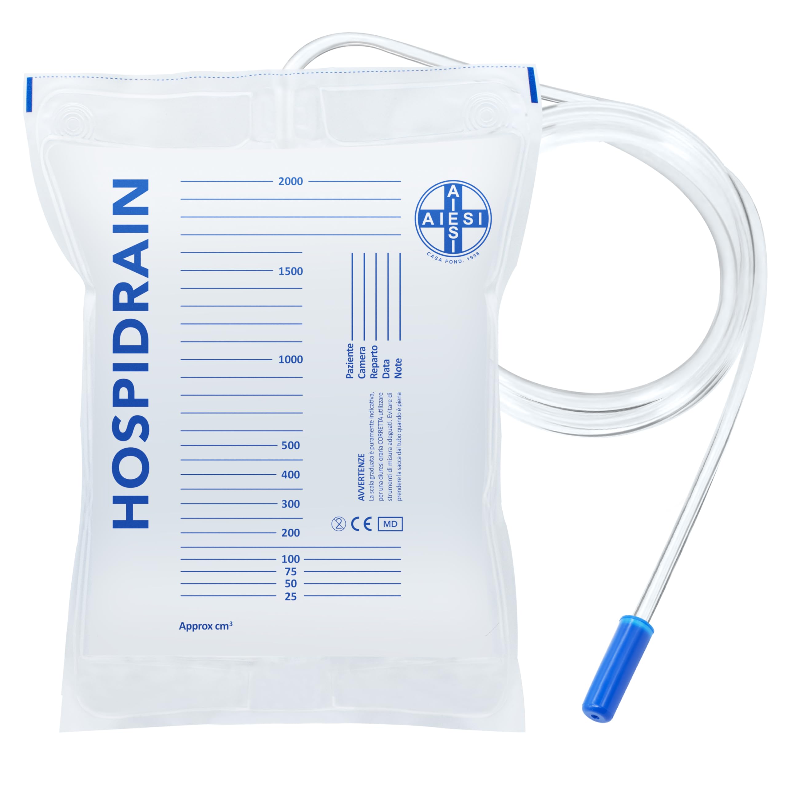 AIESI® Bolsas de orina de 2 litros tubo 90 cm sin grifo de descarga HOSPIDRAIN (Paquete de 25 piezas)