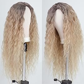 Fencca Ombre Blonde Long Curly Wigs for Women Heat Synthetic Curly Hair Wavy Full Wig Middle Part Natural Looking Wig