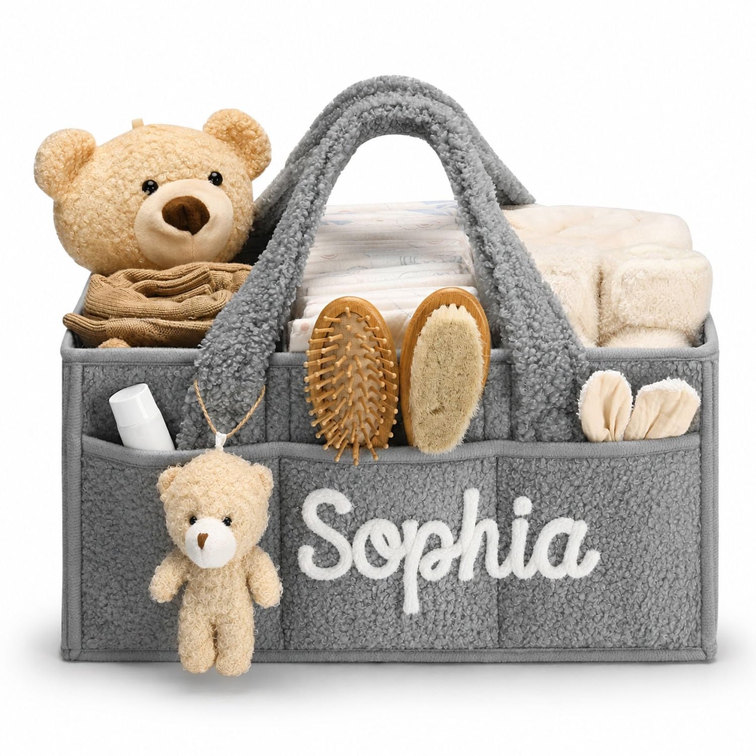 Personalized Plush Baby Diaper Caddy Organizer - Custom Name Nursery Storage Basket, Soft Portable Diaper Bin With Removable Dividers For Newborn Registry(Grey)