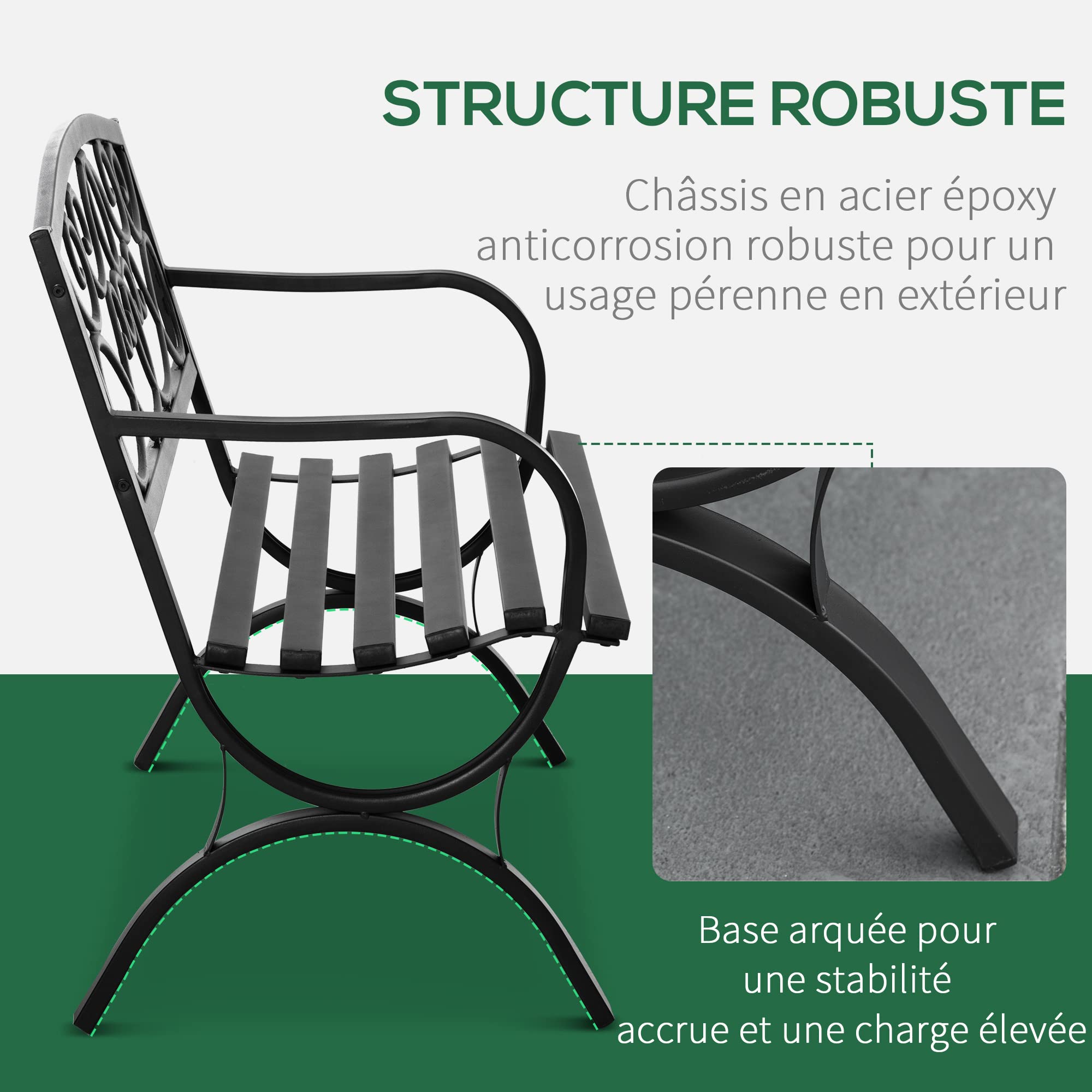 Outsunny Banc de Jardin 2 Places Banquette extérieur terrasse Patio Dossier incliné Assise à Lattes accoudoirs Confortables châssis Acier Fonte 128 x 58,5 x 85 cm Noir