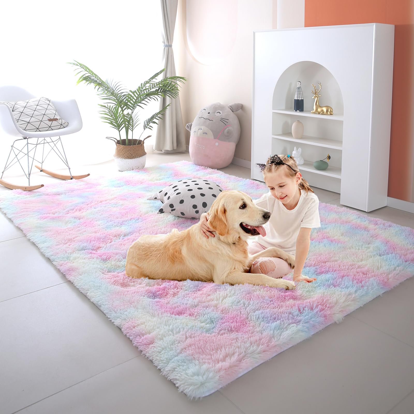 Fluffy Rainbow Rugs for Girls Bedroom Living Room,6x9 Feet Shag Fuzzy Area  Rug for Kids Playroom,Pastel Plush Shaggy Carpet for Nursery Baby Toddler